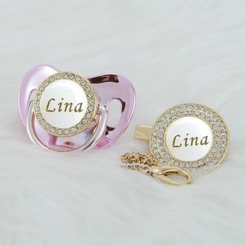 MIYOCAR personalized bling Metallic pacifier and clip set BPA free dummy baby shower gift gold pacifier