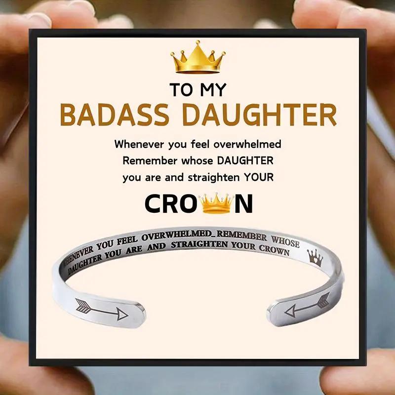Stainless Steel Cuff Bangle with Gift Card & Gift Box, 1 Set Badass Daughter Themed Open Cuff Bangle, Birthday Gift for Daughter, Valentine's Day Gift