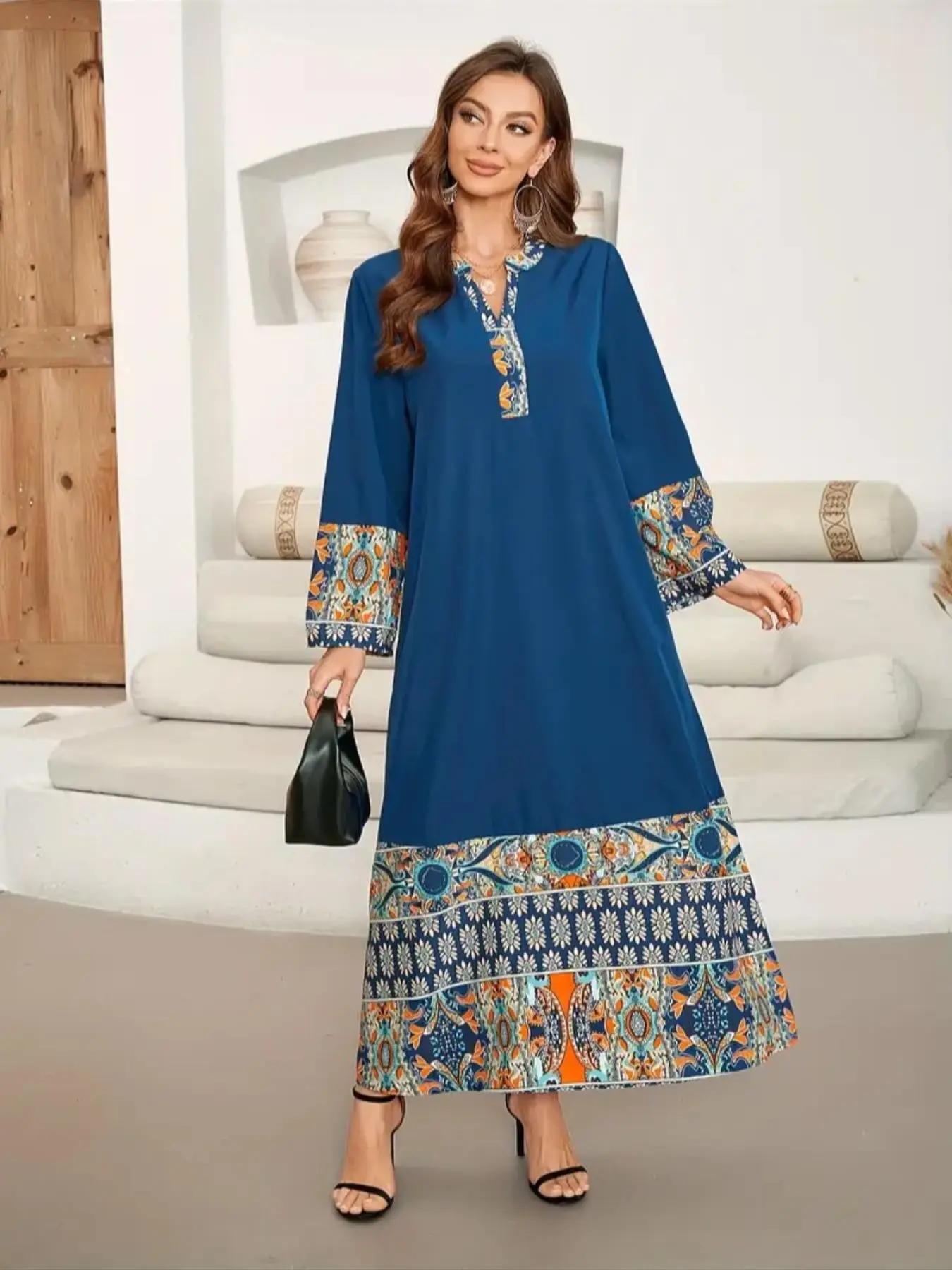 women's Ethnic Patchwork Print Embroidery Ditsy Floral Pattern Dress, Elegant Long Sleeve Notched Neck Long Dress for Vacation Holiday Wedding Guest,