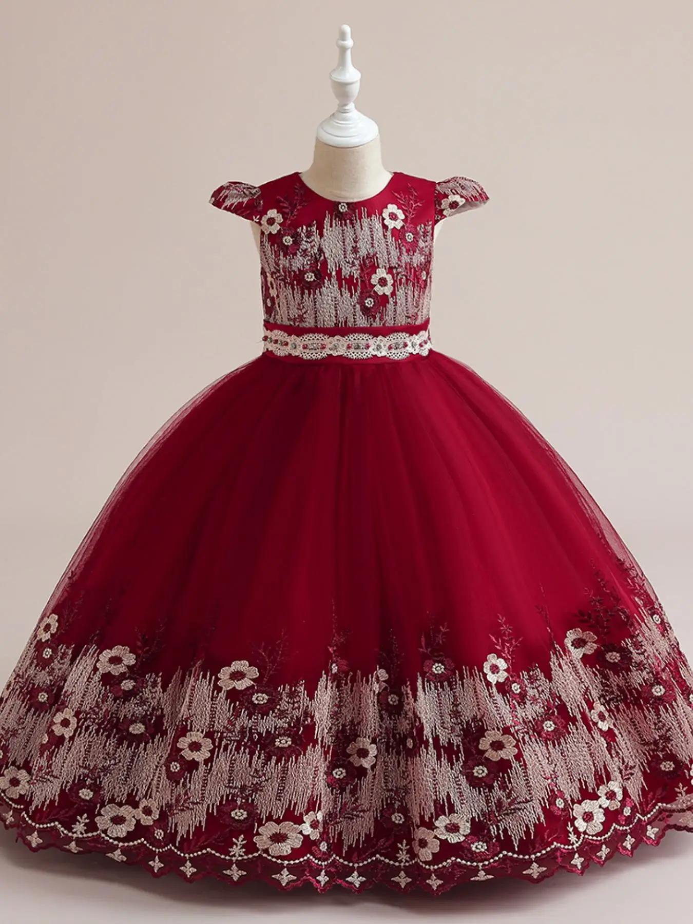 Toddler Girl's Floral Embroidery Dress, Elegant Cap Sleeve Round Neck Dress for Party Wedding Guest, Kids Clothes for All Seasons