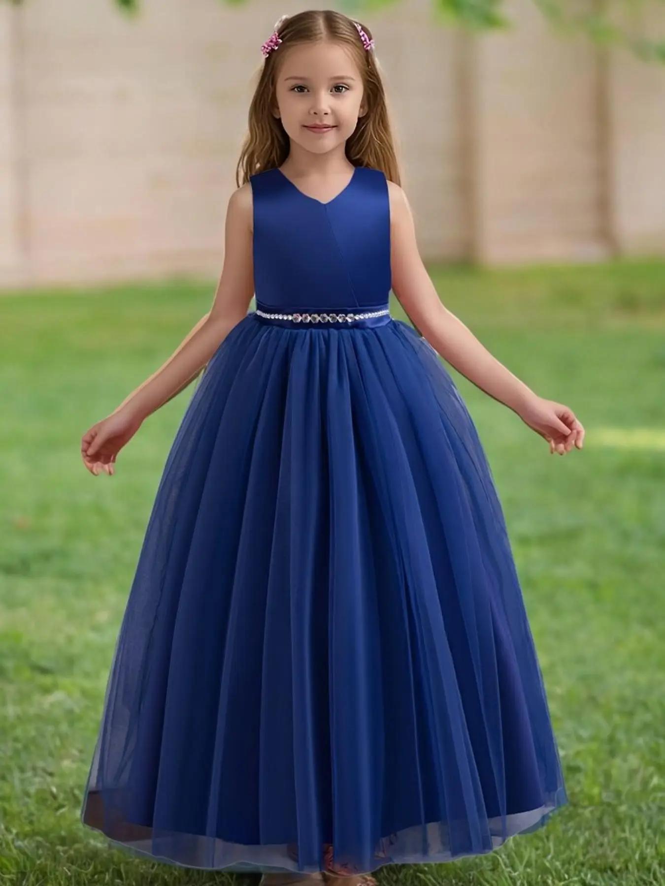 Girl's Rhinestone Decor Big Bow Design Contrast Mesh A Line Dress, Elegant Sleeveless Zipper Back Dress for Party Performance Wedding Guest, Kids Clot