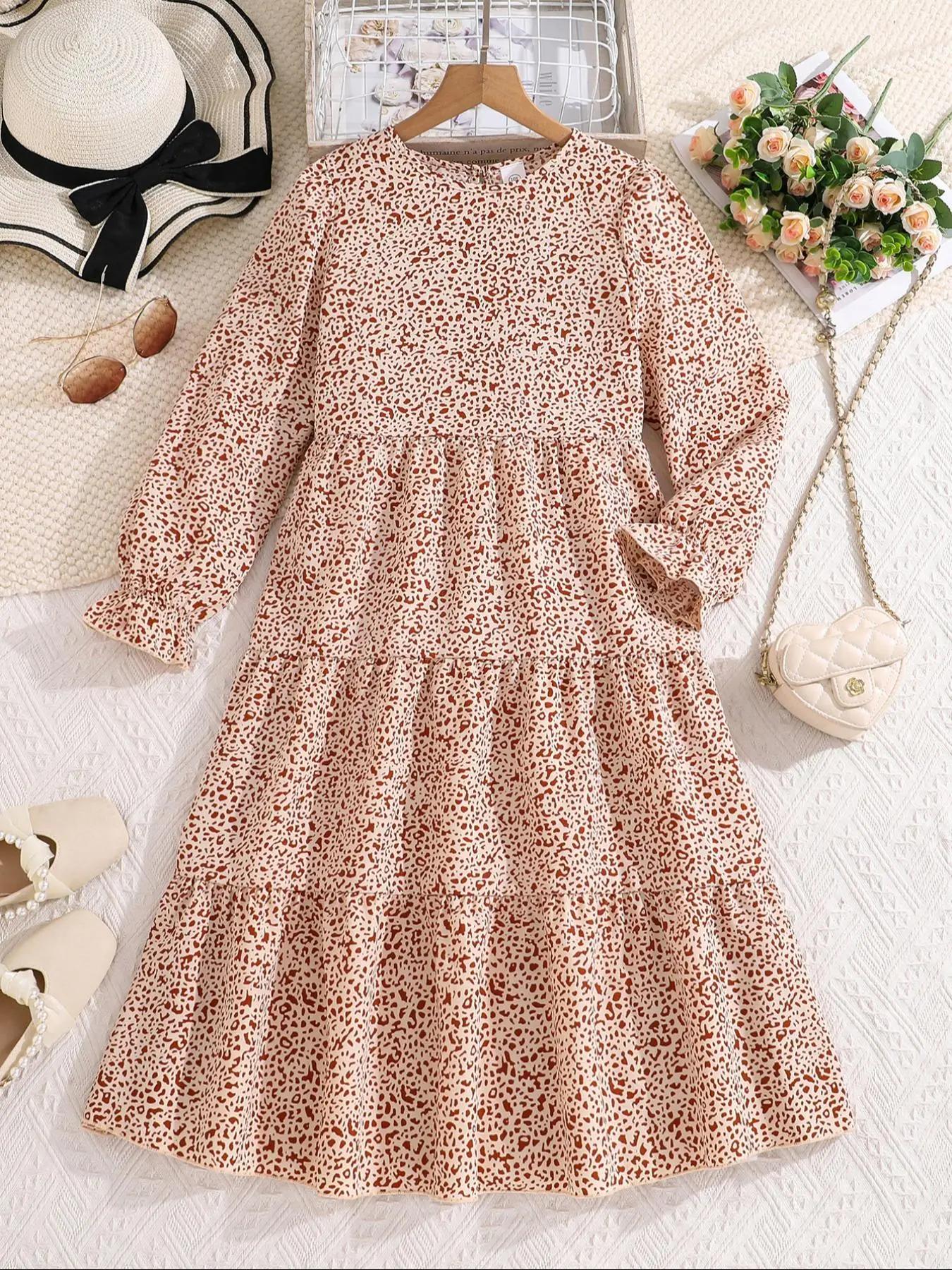 Girl's All Over Print Ruffle Trim Dress, Elegant Long Sleeve Round Neck Dress for Party Holiday Wedding Guest, Kids Fall & Winter Clothes
