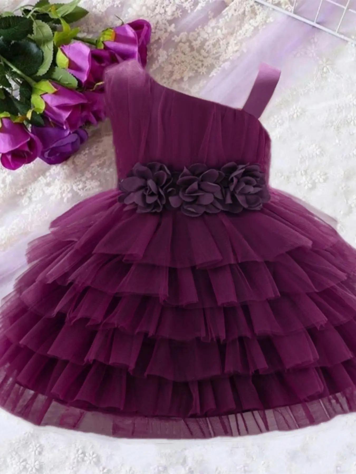 Girl's Plain Floral Appliques Tiered Layer Mesh Dress, Elegant Asymmetrical Neck Sleeveless Fit & Flare Dress for Party Wedding Guest, Kids Clothes fo