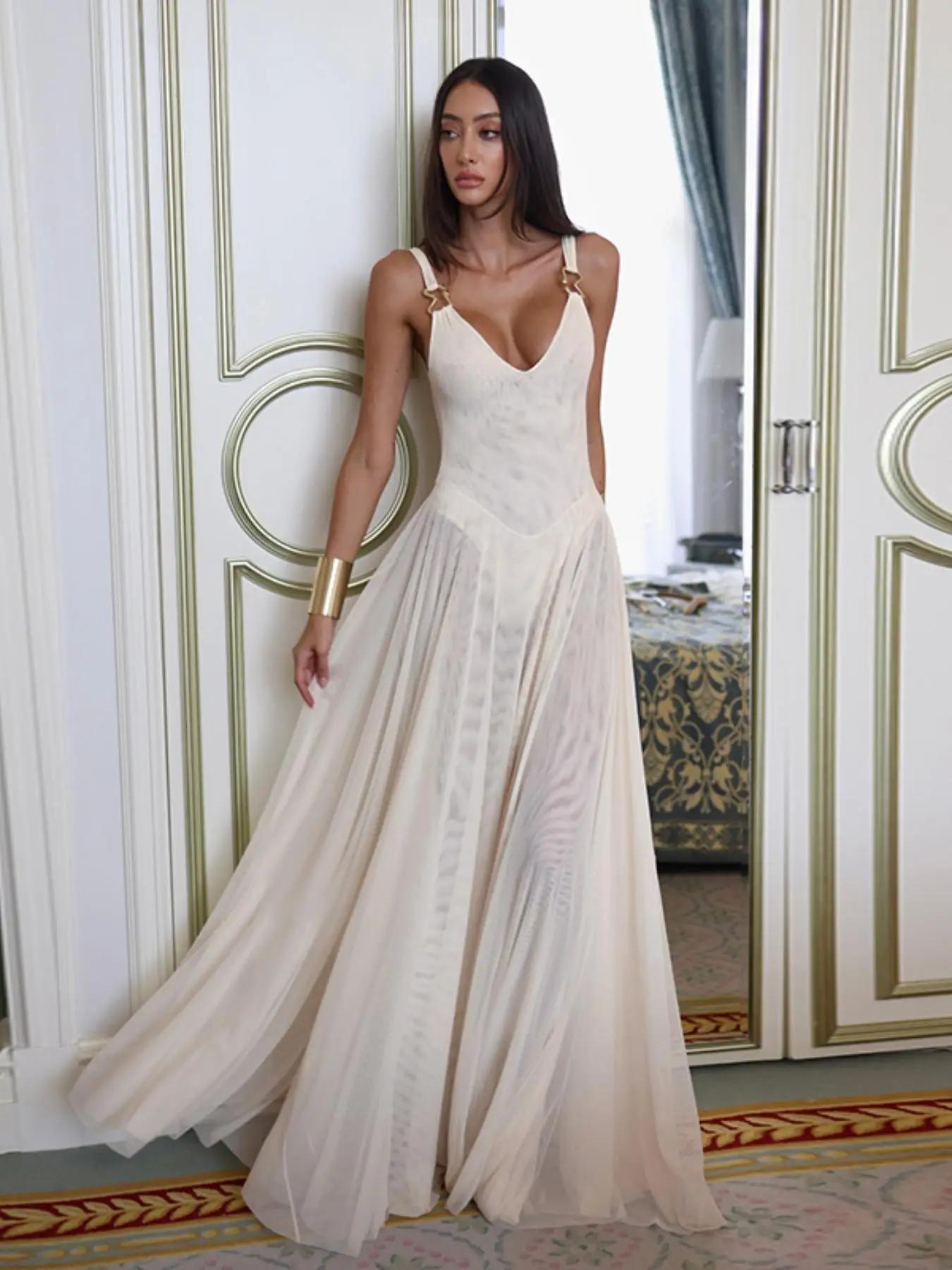 women's Plain Deep V Neck Tulle Cami Dress, Elegant Sleeveless Maxi Dress for Party Holiday Wedding Guest, Ladies Summer Clothes, Brunch Dresses