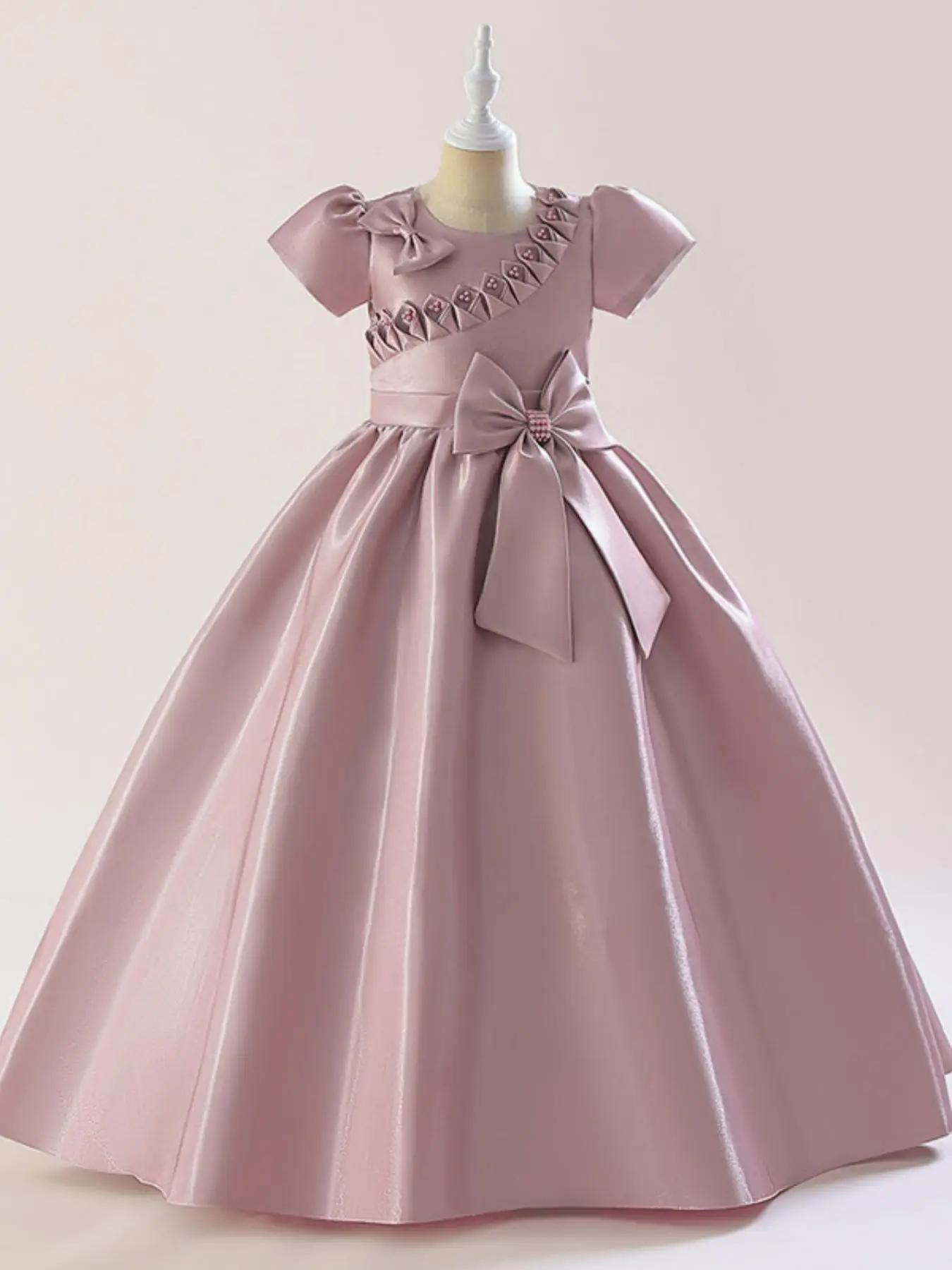Kids Bow Decor Mesh Dress, Elegant Short Sleeve Round Neck A Line Dress for Party Wedding Guest, Kids Clothes for All Seasons