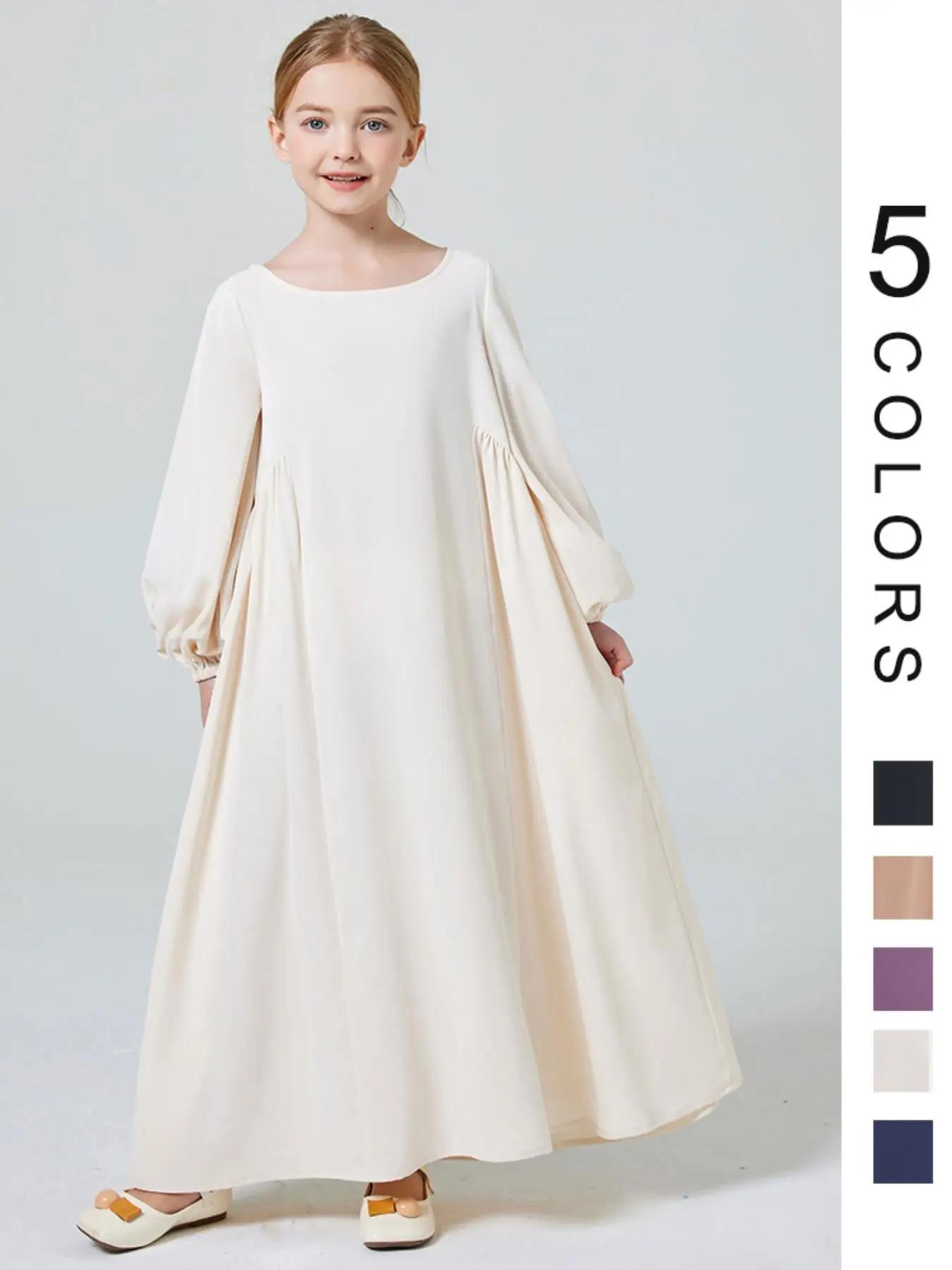 Girl's Solid Lantern Sleeve Abaya Dress, Modest Long Sleeve Round Neck Long Dress for Party Wedding Guest, Kids Summer Clothes