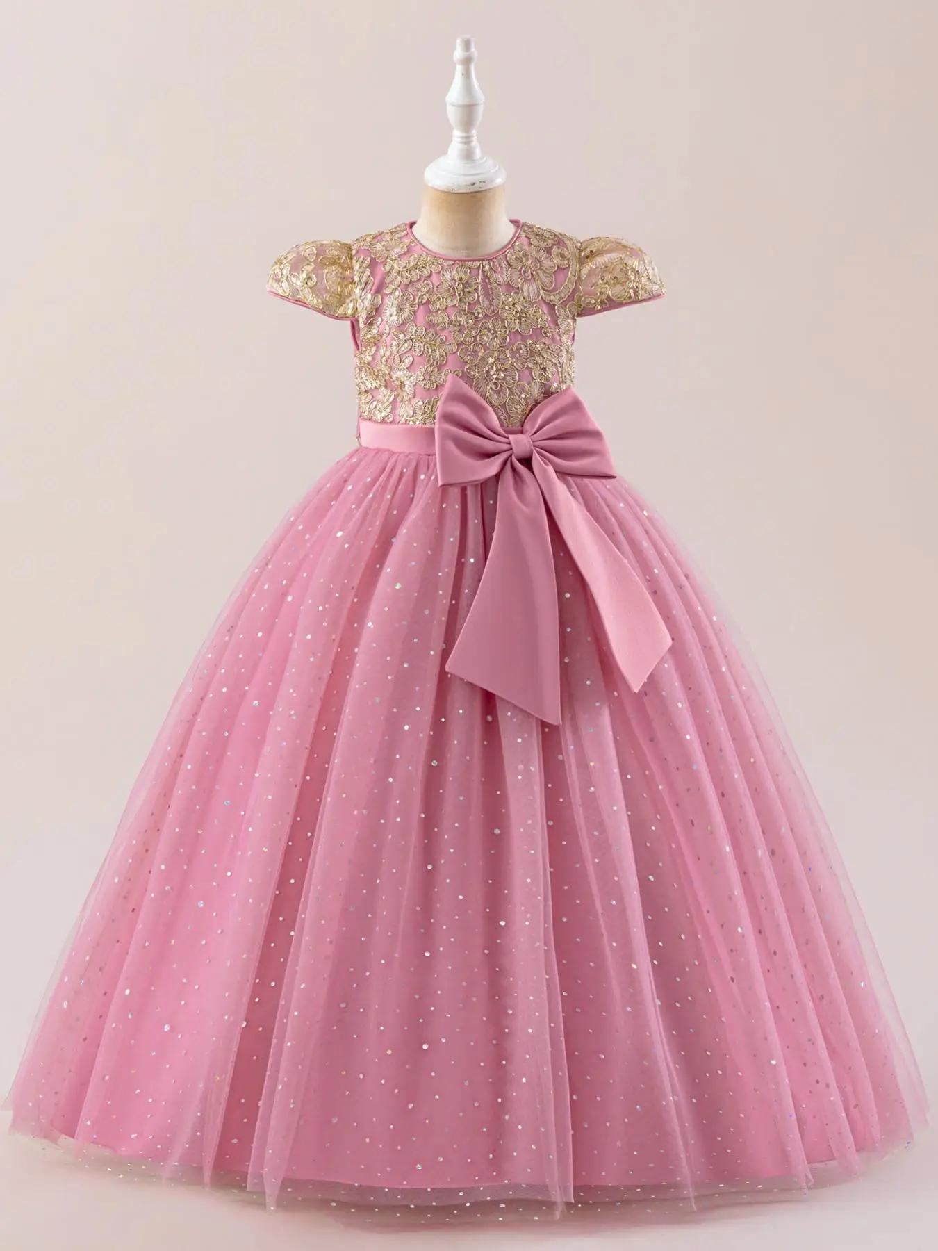 Girl's Glitter Sequins Bow Decor Tulle Dress, Elegant Round Neck Dress for Party Performance Wedding Guest, Kids Clothes for All Seasons