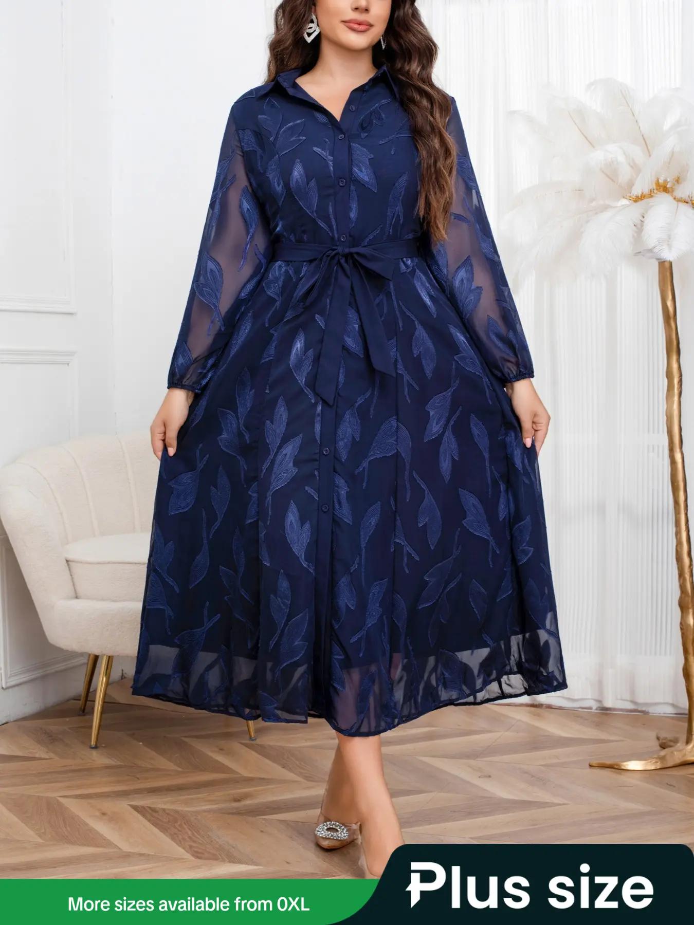 【Plus Size】 Tie Waist Islamic Dress, Elegant Long Sleeve Dress for Party Holiday Wedding Guest, women's Islamic Clothing for All Seasons
