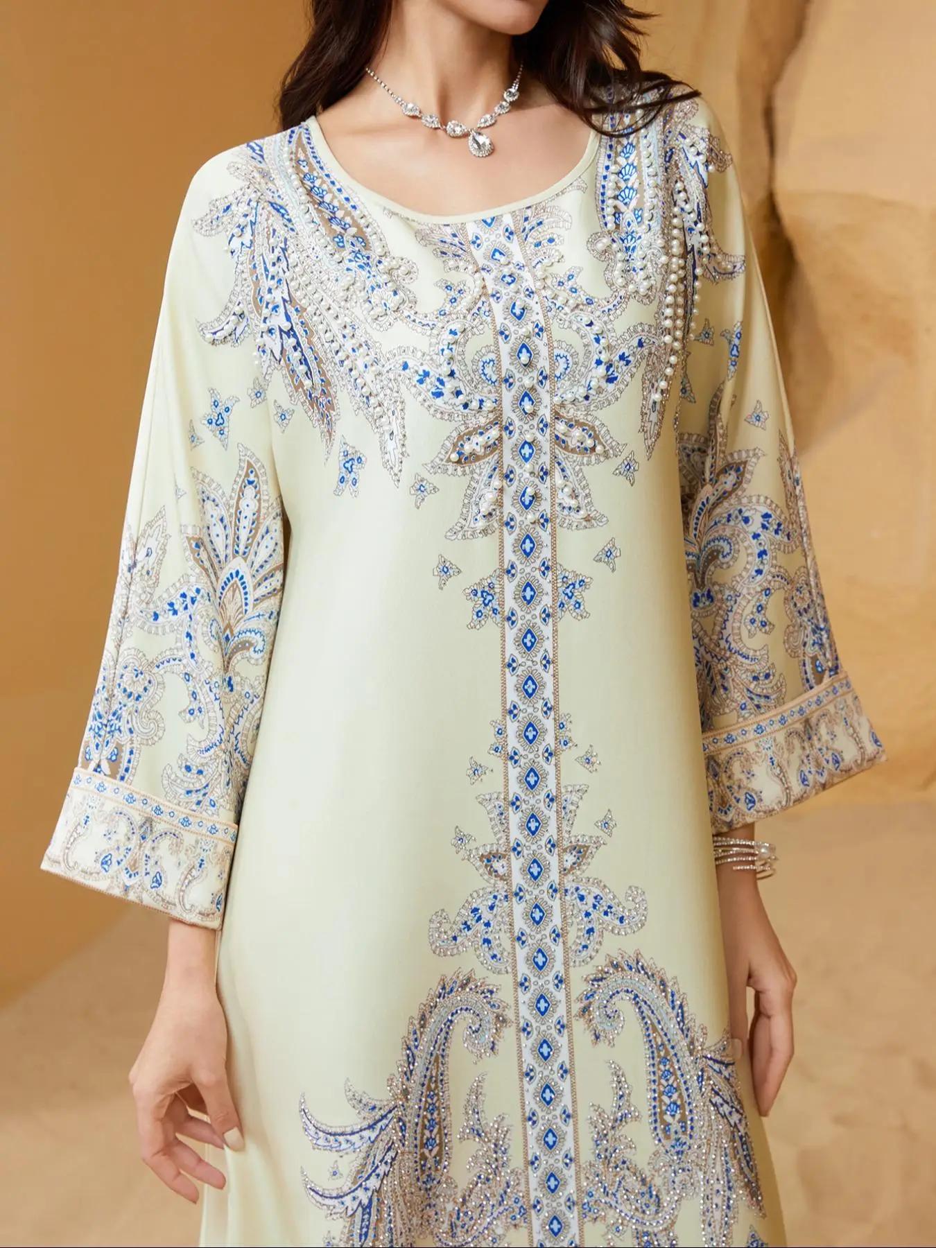 women's All Over Print Islamic Dress, Elegant Round Neck Long Sleeve Dress for Party Holiday Wedding Guest, Ladies Islamic Clothing for All Seasons
