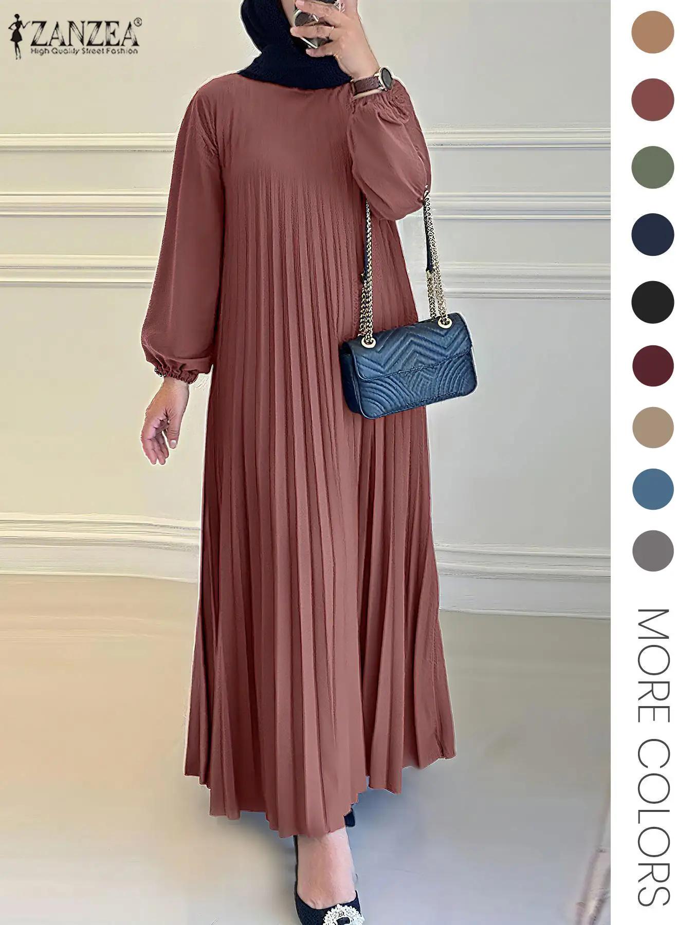 women's Solid Color Bishop Sleeve, Pleated Detail Kaftan Dress, Modest Long Sleeve Keyhole Neckline Dress for Party Holiday Wedding Guest, Ladies Fal