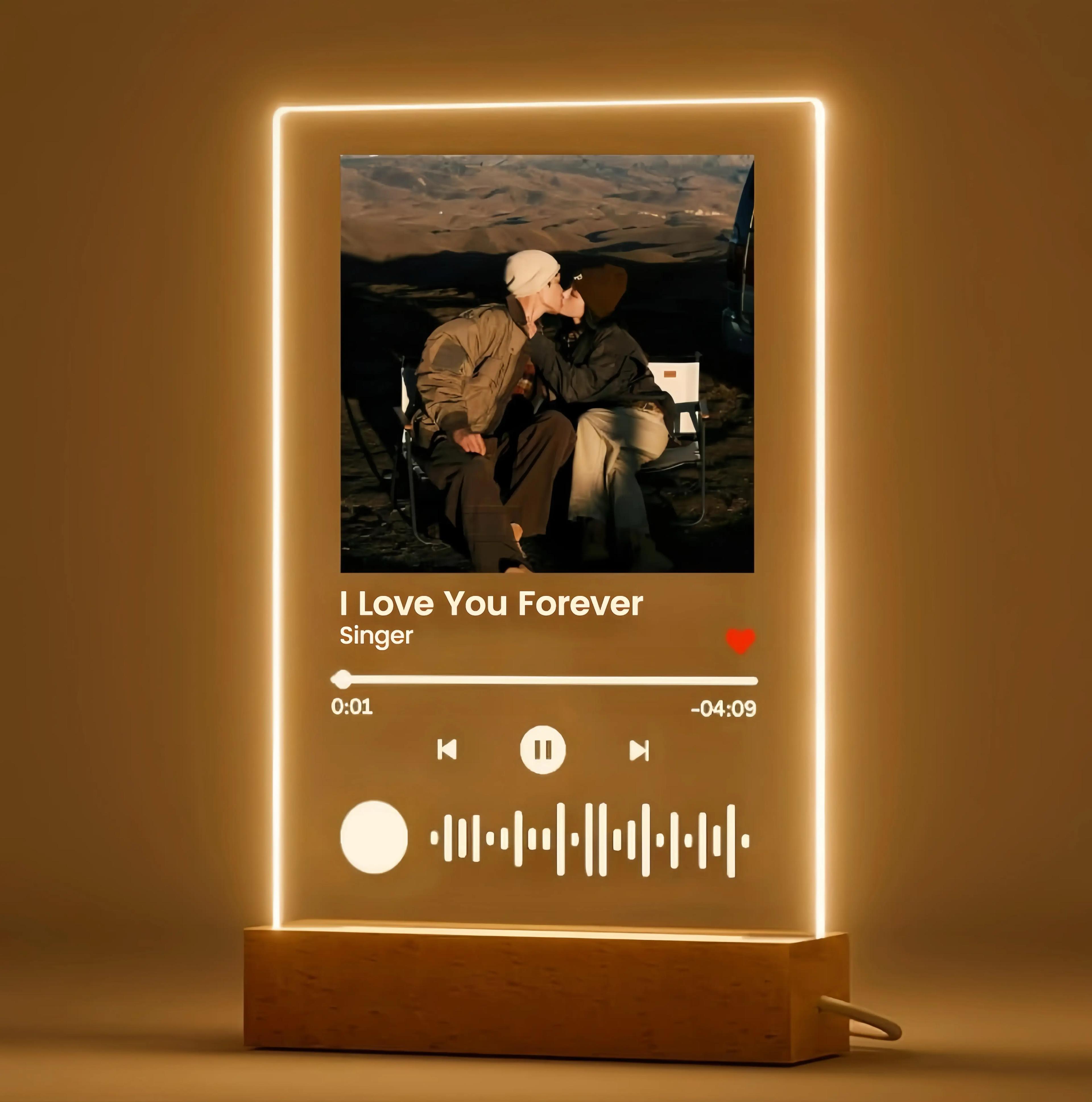 Personalized LED Night Light Photo Plaque with Scannable Song Code, Custom Music Plaque Night Light Gift for Valentine's Day, Song Picture Frame, Cust