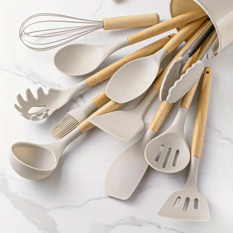Silicone Cooking Utensils Set with Wooden Handle (12pcs/set), Non-stick Spatula Set, Kitchen Cooking Utensils Set, Birthday Gift Ideas, Kitchen Gadget