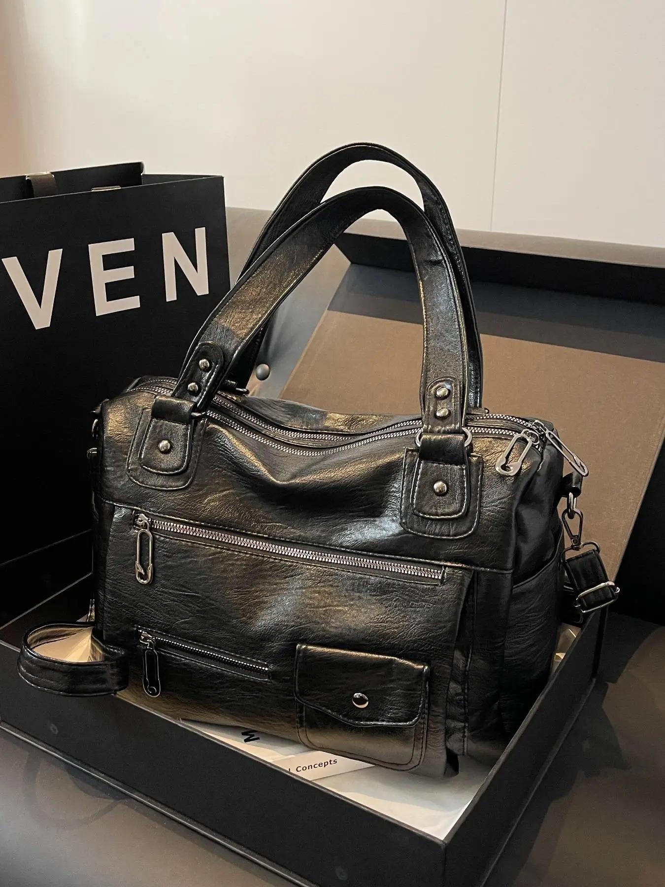 women's Fashion Elegant Large Capacity Tote Bag, Vintage Trendy Pu Leather Shoulder Bag, Tote Bags for School, Casual Versatile Zipper Tote Bag for Tr