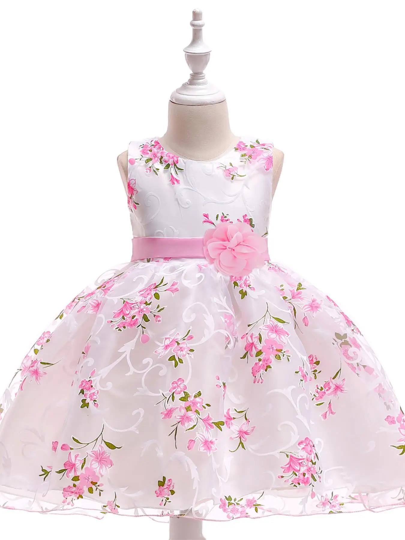Girl's Floral Print Belted Tulle Party Dress with Flower Appliques Belt, Elegant Round Neck Sleeveless A-line Dress for Birthday Party Wedding Guest,