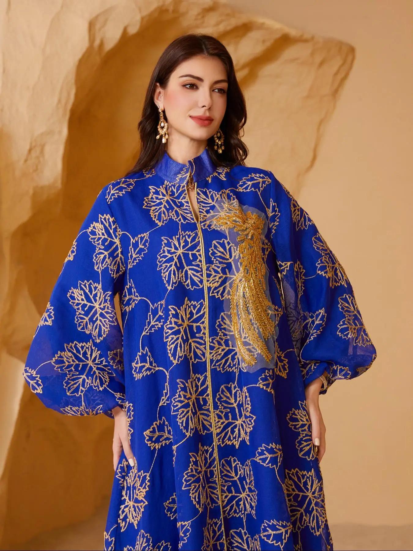 women's Leaf Pattern Sequins Belted Dress, Elegant Long Sleeve Arabian Dress for Party Holiday Wedding Guest, Ladies Islamic Clothing for All Seasons