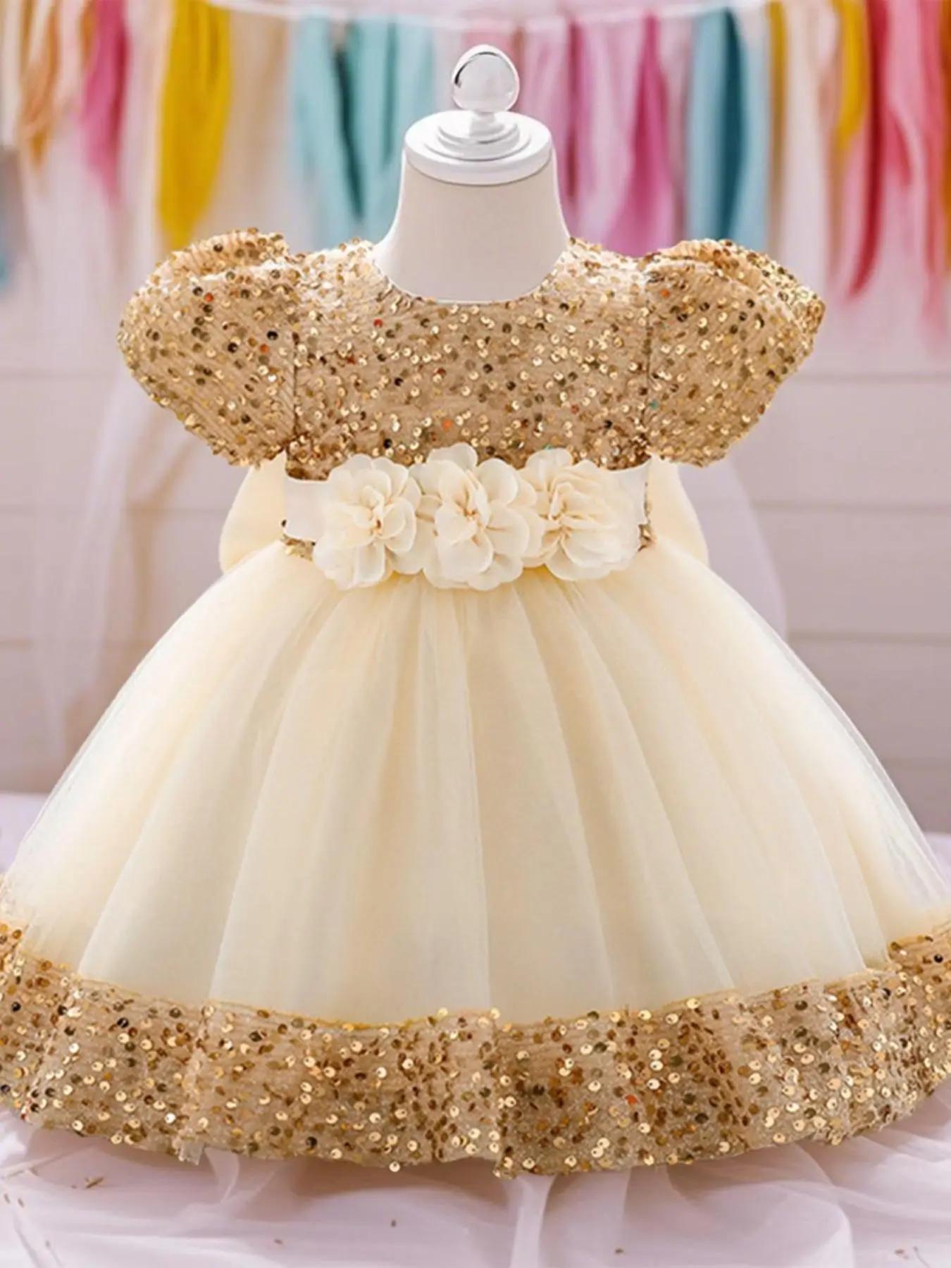 Toddler Girl's Glitter Flower Decor Mesh Dress, Elegant Cute Round Neck Dress for Party Wedding Guest, Kids Clothing for All Seasons