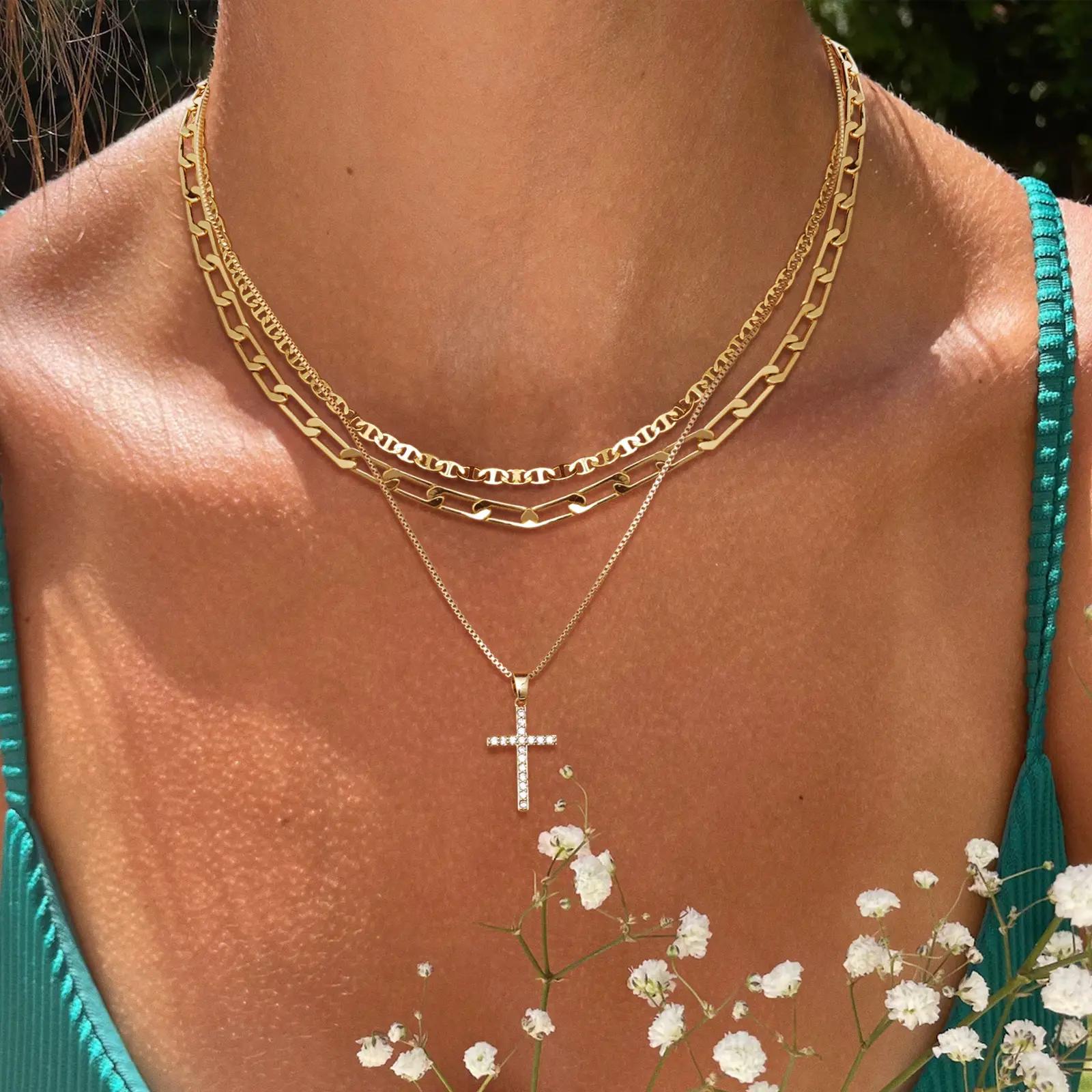 ASCOMY 14K Gold Plated Multilayer Cross Necklace,women's Multilayer Necklace,Exquisite Plated Necklace Plated Cross Necklace, Cuban Cross Necklace, C