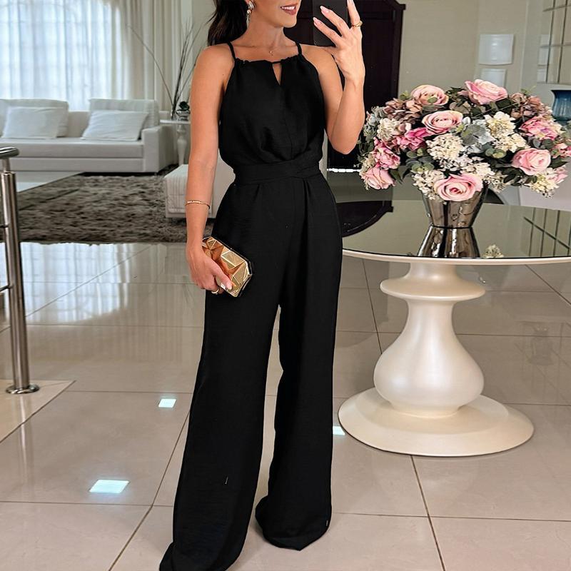 ChicMe women's Halter Sleeveless Lace-up Jumpsuit Casual Waist Ruched Wedding Guest Loose Fit Wedding Romper Overalls