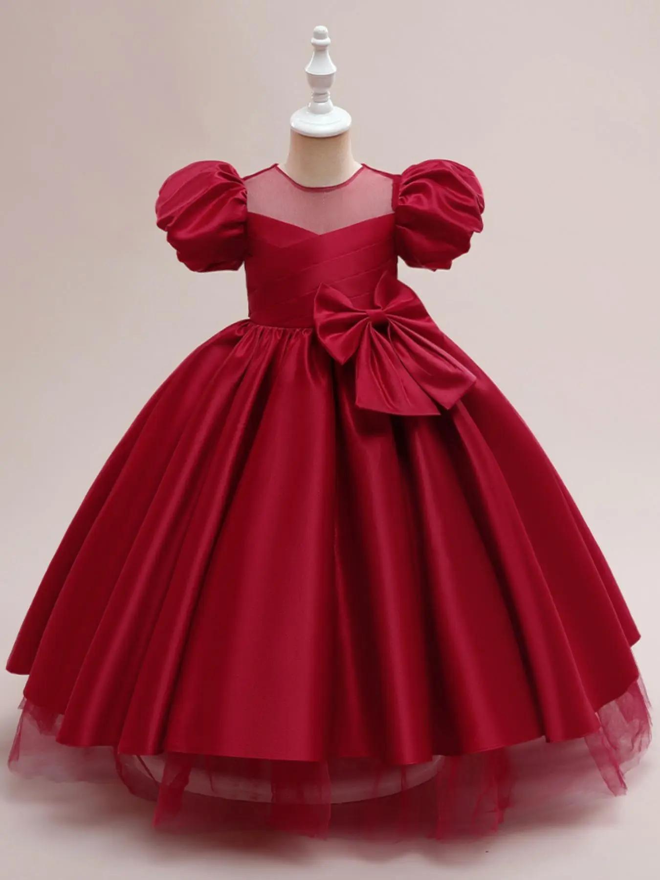 Girl's Bow Decor Satin Party Dress, Elegant Short Sleeve Dress for Party Performance Wedding Guest, Kids Clothes for All Seasons