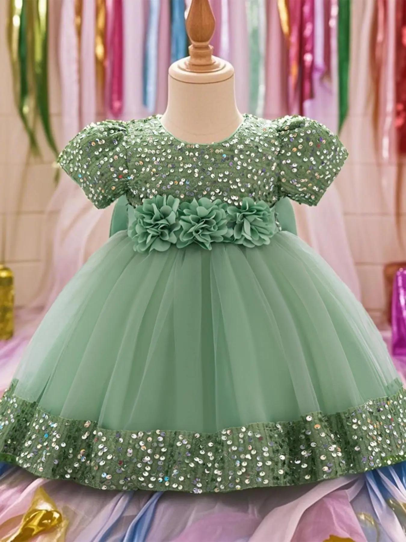 Baby's Glitter Sequin Decor Flower Embroidery Mesh Dress, Cute Princess Dress for Party Wedding Guest, Infant Toddler Kids Clothes for All Seasons