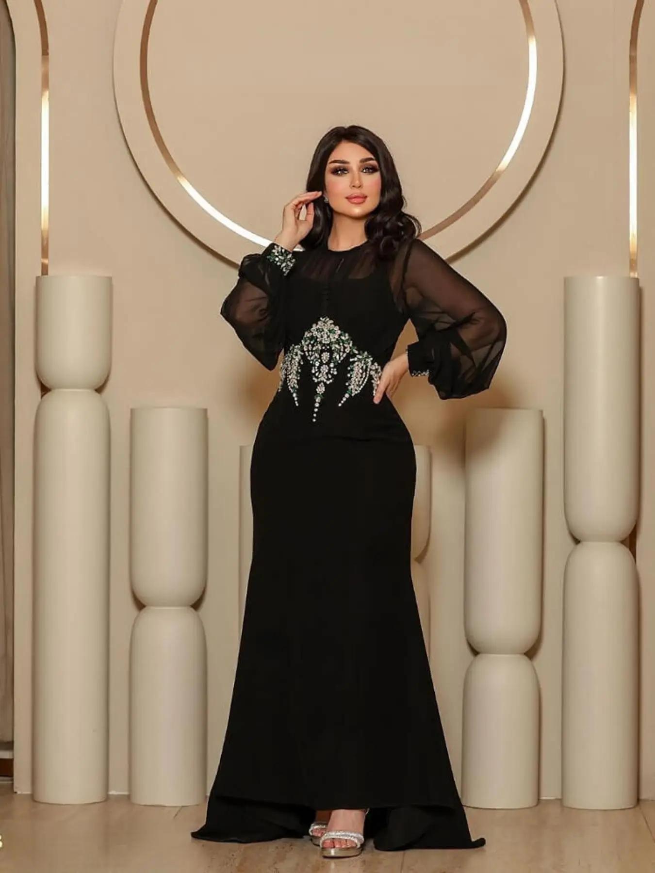 women's Artificial Gemstone Decor Long Sleeve Evening Dress, Elegant Round Neck Maxi Dress for Party Banquet Wedding Guest, Ladies Spring & Fall Cloth