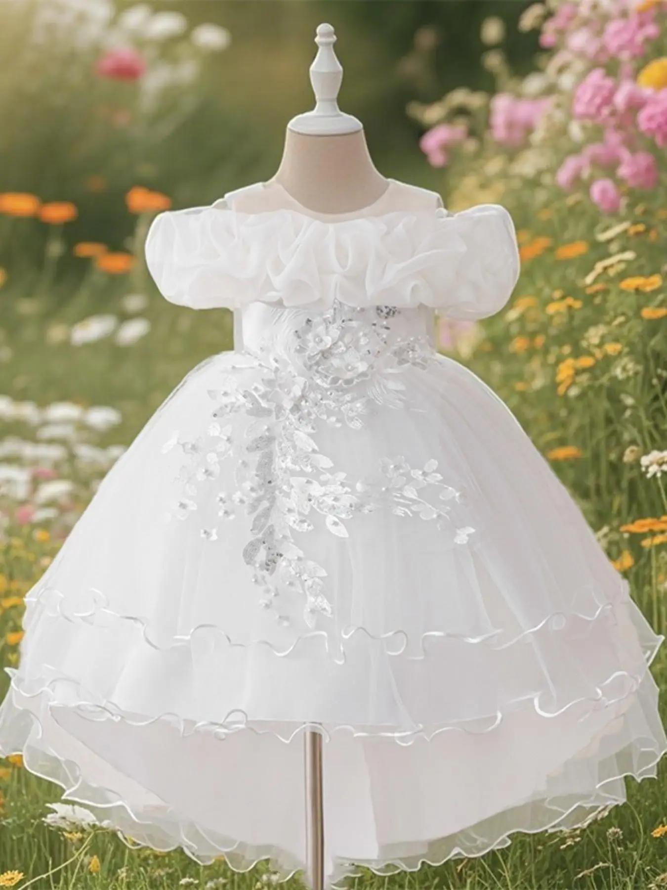 Girl's Floral Embroidery Sequin Decor Tulle Tutu Dress, Elegant Sleeveless Round Neck A Line Dress for Party Wedding Guest, Kids Clothes for Summer
