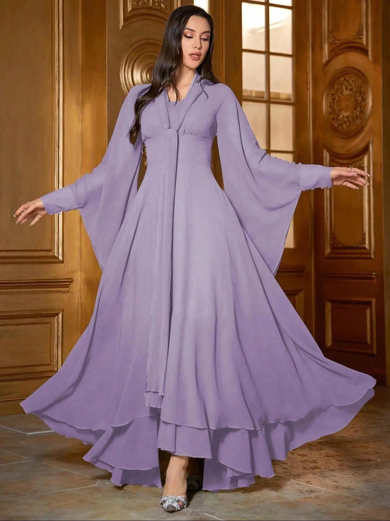 women's Plain Flare Leg Dress, Modest Elegant Long Sleeve Arabic Dress for Party Wedding Guest, Modest Clothes, Ladies Spring & Fall Gown Clothes