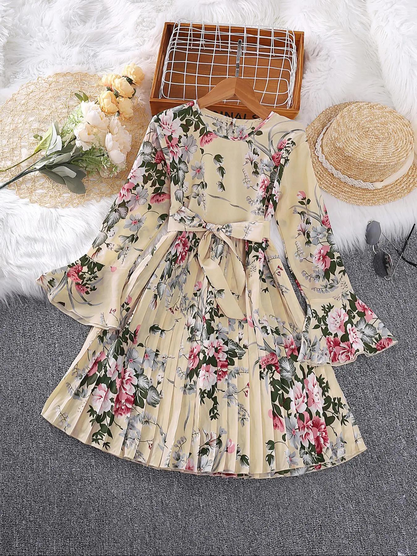 Girl's Floral Print Belted Pleated A Line Dress, Elegant Flounce Sleeve Keyhole Neckline Dress for Party Holiday Wedding Guest, Kids Fall & Winter Clo