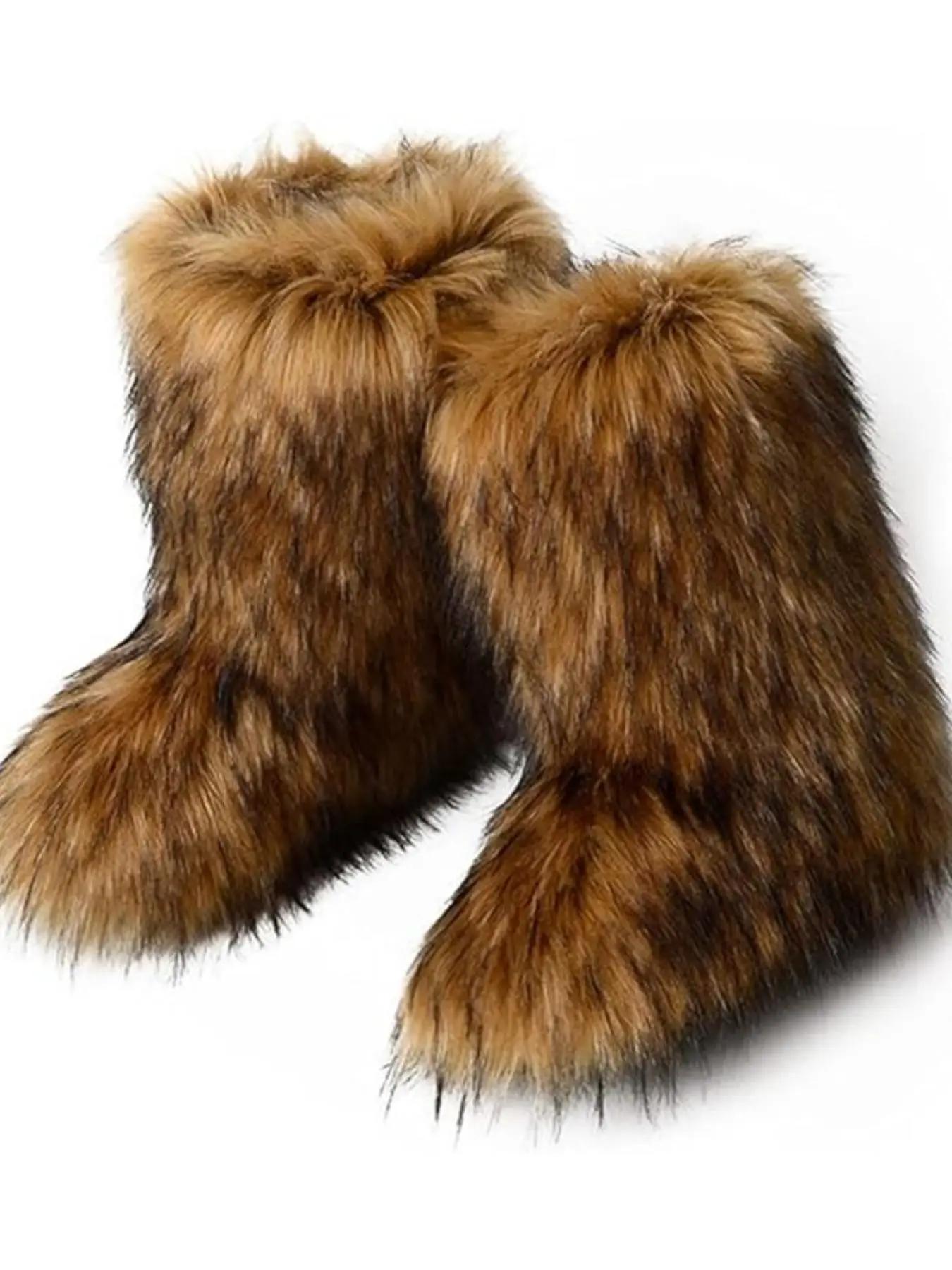 women's Solid Color Faux Fur Boot, Fluffy Ankle Snow Boots, Warm Comfortable Outdoor Flat Shoes for Cold Winter, Trending Shoes