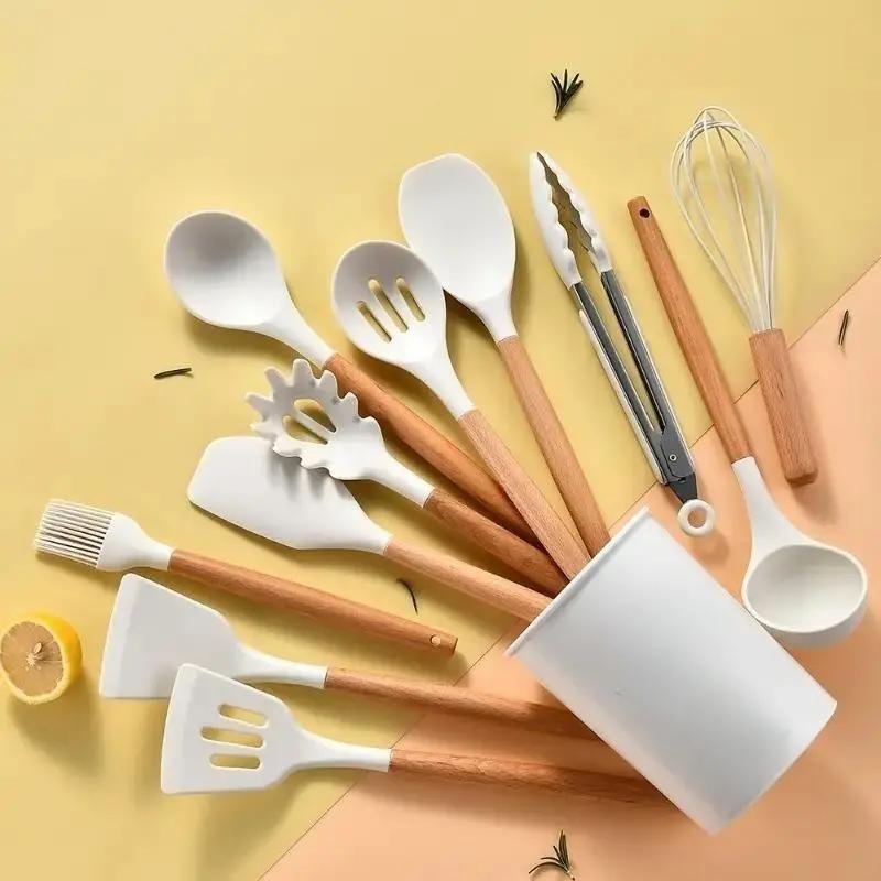 Silicone Kitchen Utensil Set With Storage Bin, 12pcs/set Kitchen Cooking Utensils Set, Summer for Gift
