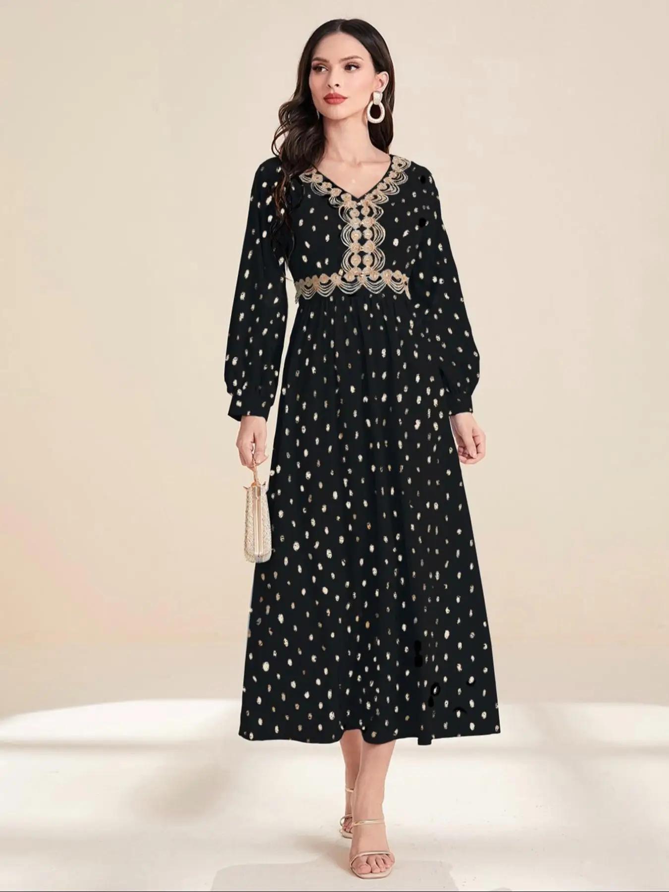 women's Polka Dot Print Long Sleeve Dress, Elegant Round Neck Dress for Vacation Holiday Wedding Guest, Ladies Clothes for All Seasons