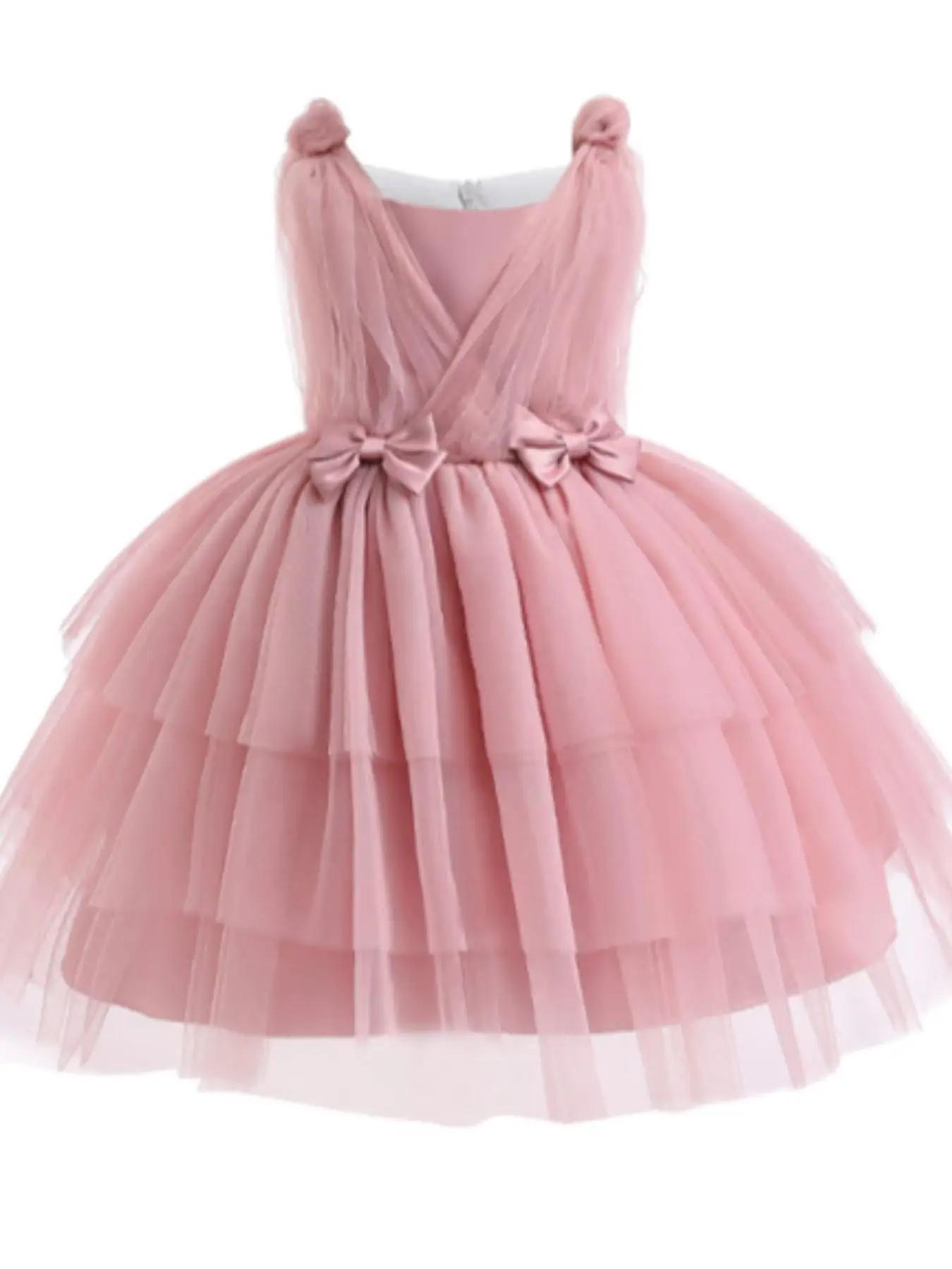Girl's Flower Appliques Bow Front Tiered Layer Satin Dress, Elegant Sleeveless Zipper Back Fit & Flare Dress for Party Wedding Guest, Kids Clothes for
