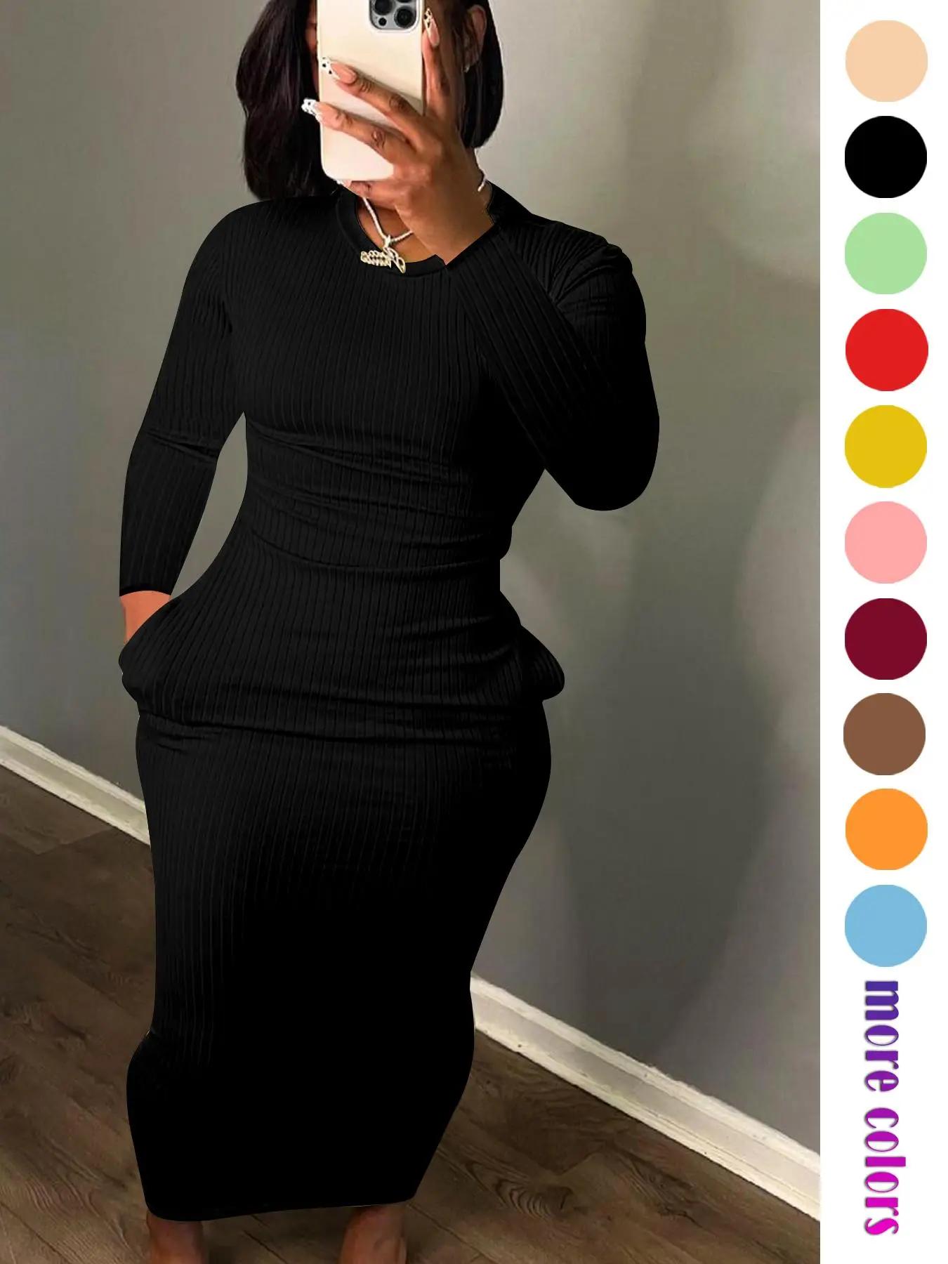 women's Solid Pocket Long Sleeve Bodycon Dress, Casual Elegant Minimalist Round Neck Dress for Party Holiday Wedding Guest, Ladies Fall & Winter Cloth