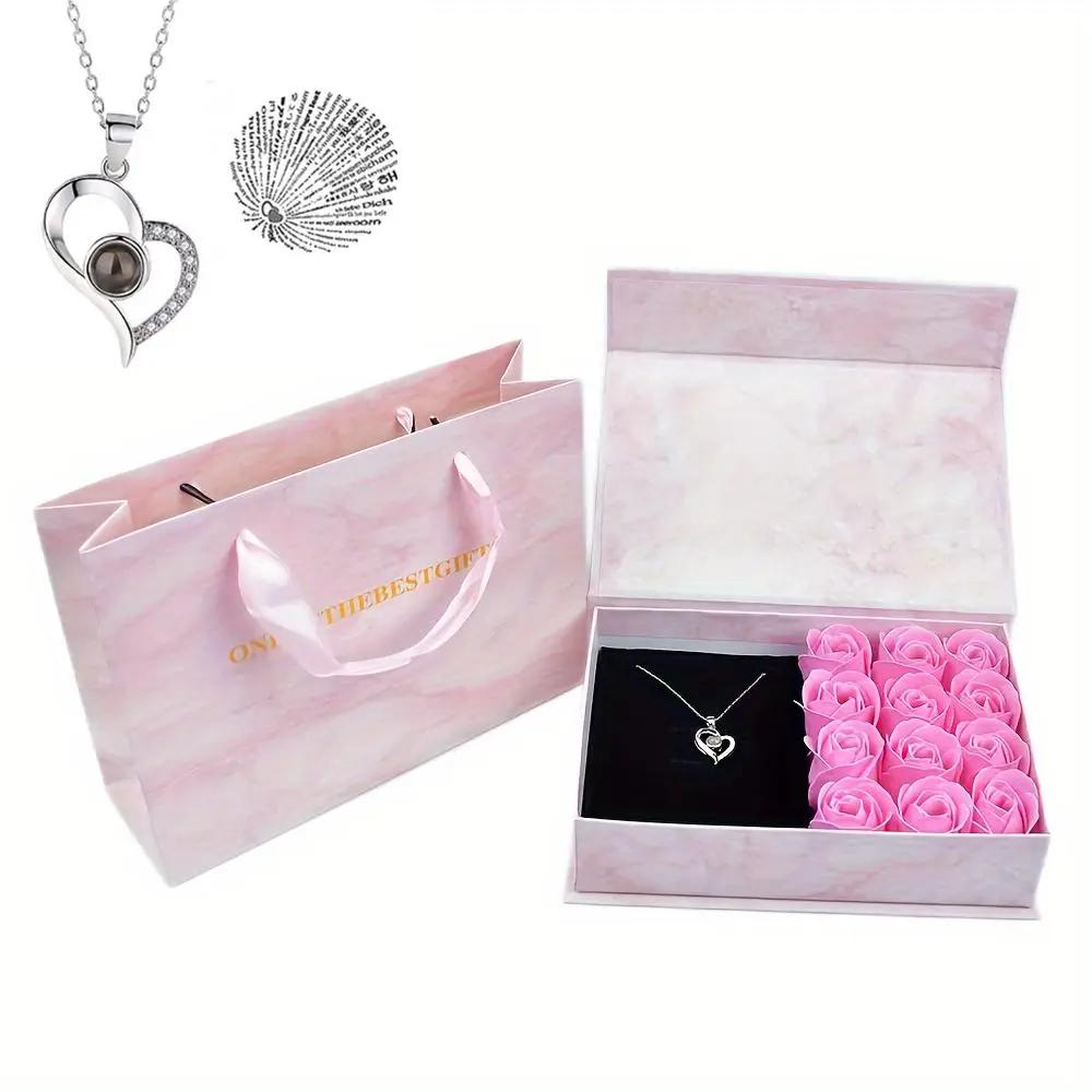 1 Set Soap Flower Gift Box with Heart Shaped Necklace Set, Preserved Rose Gift for Mom Girlfriend Women, 100 Languages I Love You Design Necklace for