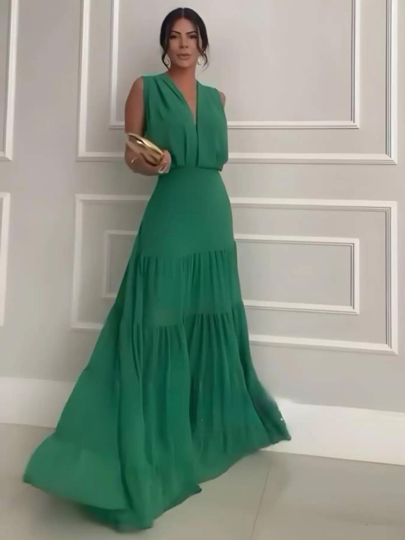 women's Plain Ruffle Hem Dress, Elegant V Neck Sleeveless Dress for Party Holiday Wedding Guest, Ladies Spring & Fall Clothes, Dresses for Women