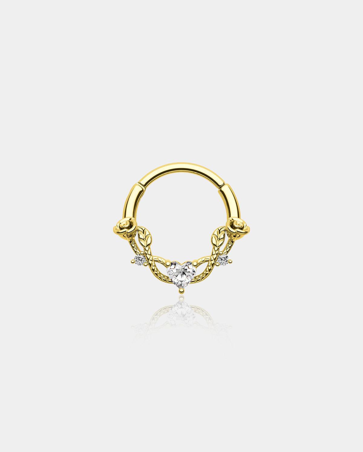 Rose Heart Hinged Segment Septum Ring - Gold-Clear CZ / 10mm