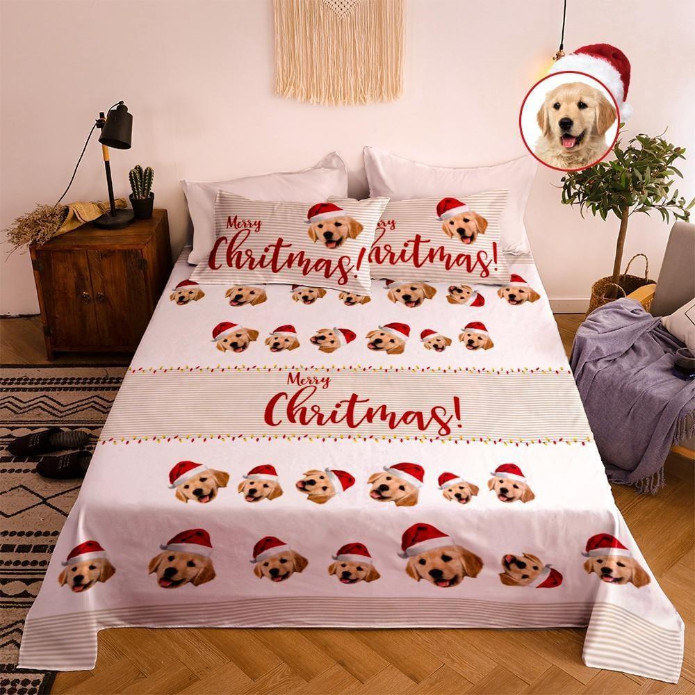 Christmas Custom Photo Double Bedding Sheet And Pillowslip Set for Pet Lovers