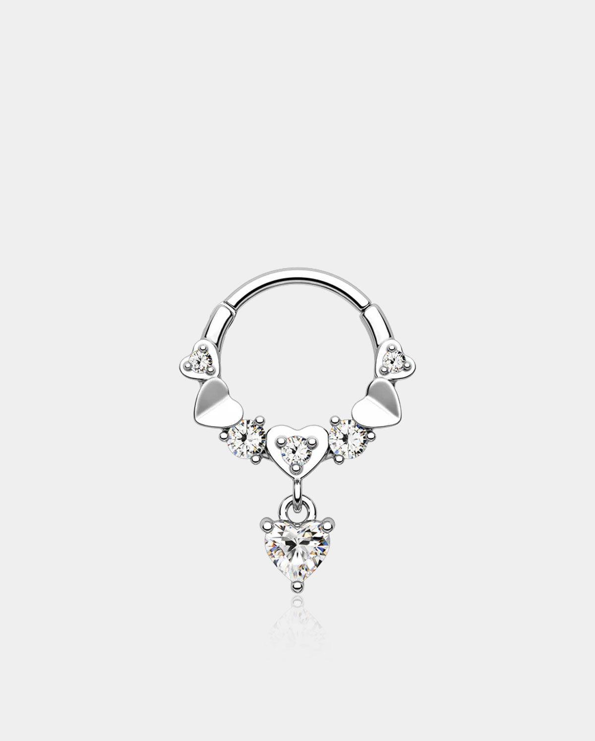Deep Love Dangle Heart Segment Septum Ring - Silver
