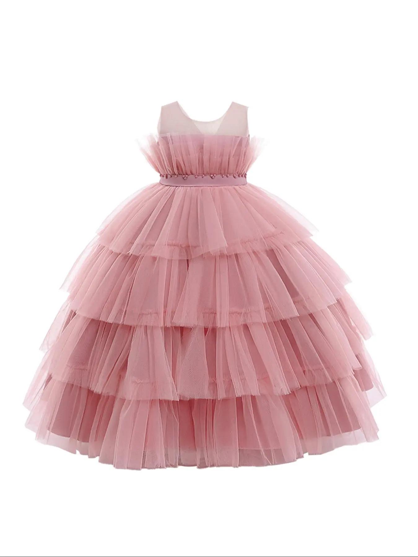 Girl's Bow Decor Tiered Layer Tulle Formal Dress, Elegant Beaded Zipper Back Sleeveless Round Neck Tutu Dress for Party Performance Wedding Guest, Kid