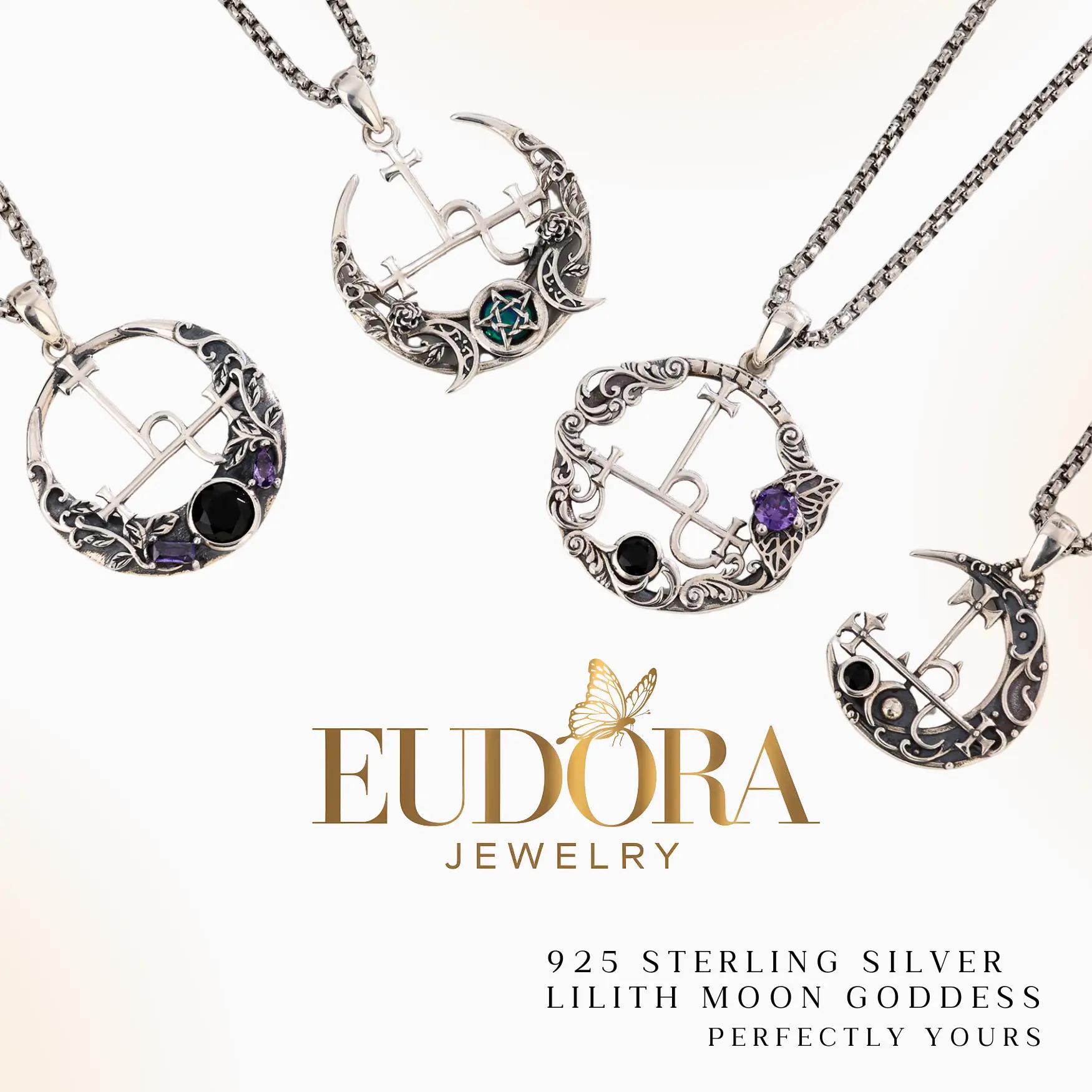 EUDORA 925 Sterling Silver Lilith Moon Necklace, Lilith Sigil Goddess Pendant, Pagan Triple Moon Amethyst Amulet, Personalized Witchy Jewelry Gift