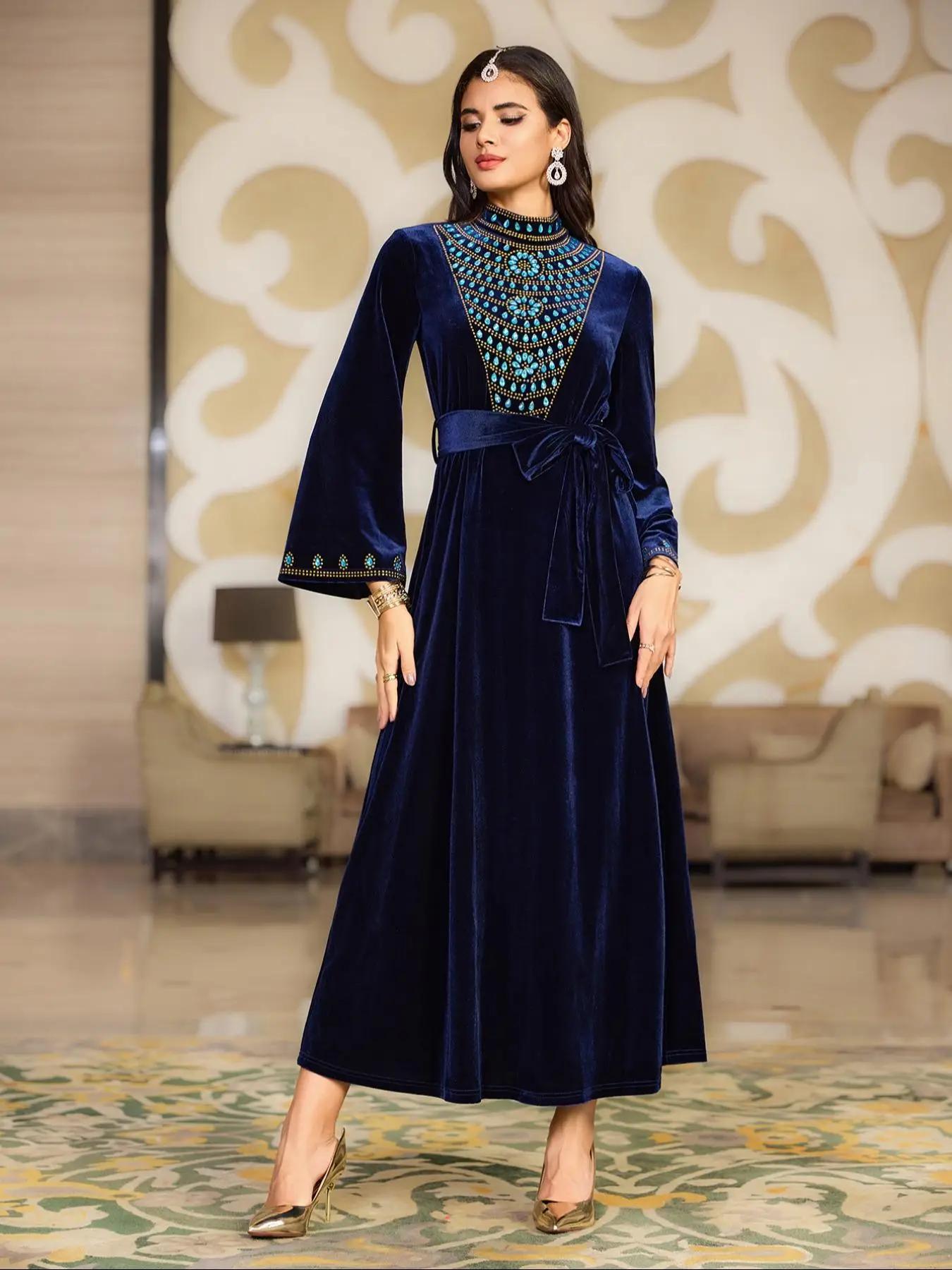 Arabic Clothing-women's Rhinestone Decor Belted Velvet Arabian Dress, Elegant Long Sleeve Mock Neck A Line Dress for Party Holiday Wedding Guest, Wome