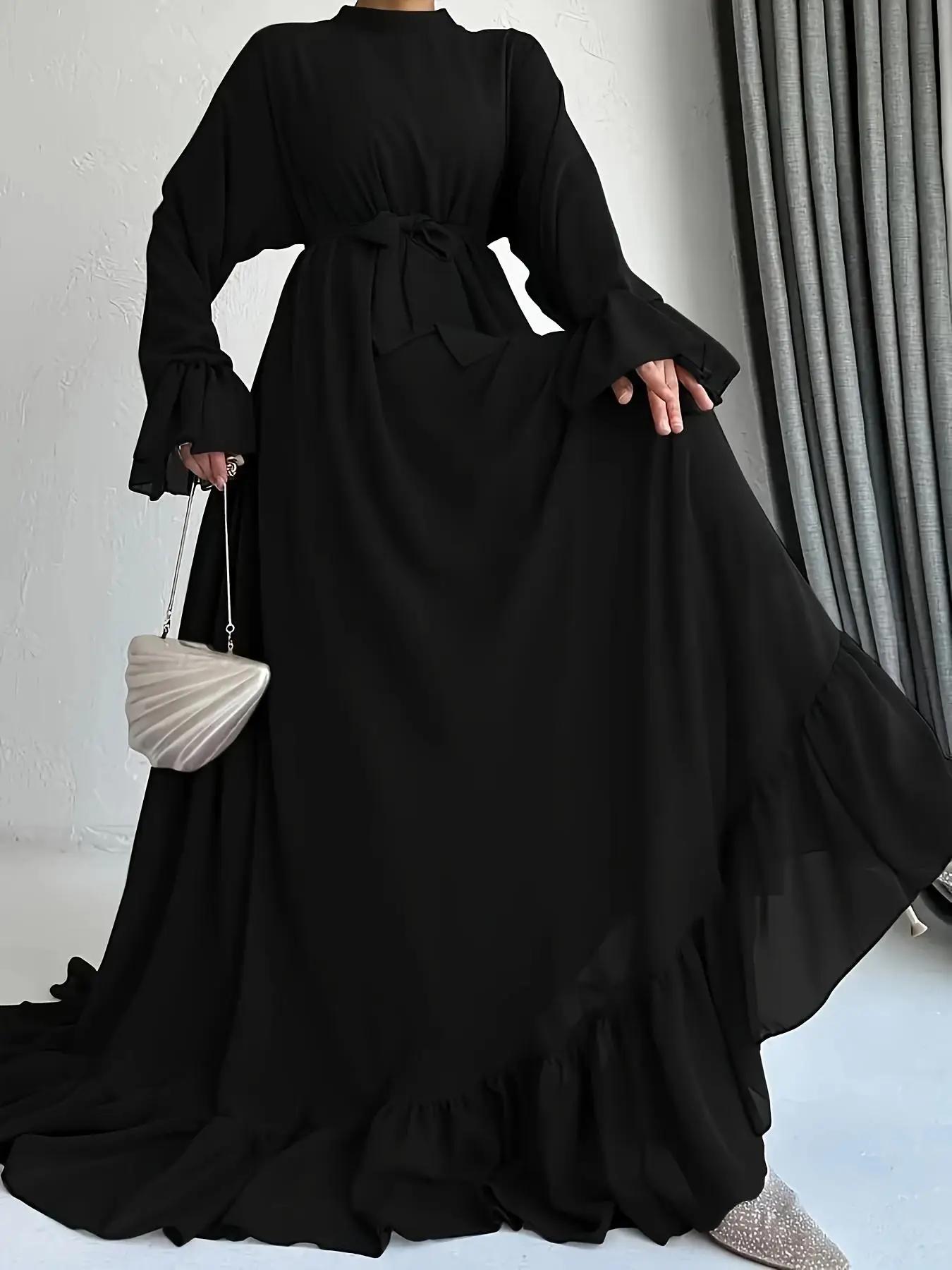 women's Solid Belted Flounce Sleeve Chiffon Dress, Elegant Long Sleeve Round Neck A Line Dress for Vacation Holiday Wedding Guest, Ladies Clothes for