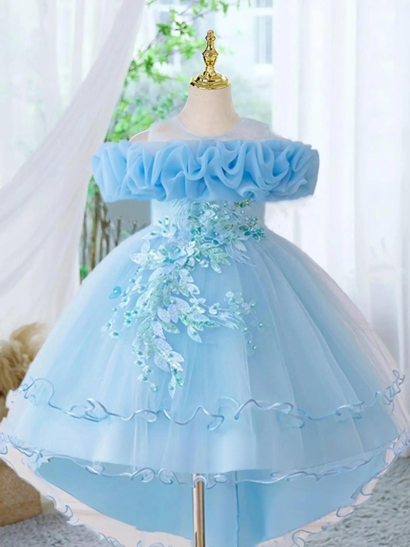 Girl's Floral Embroidery Sequin Decor Tulle Dress, Elegant Sleeveless A Line Dress for Party Wedding Guest, Kids Summer Clothes
