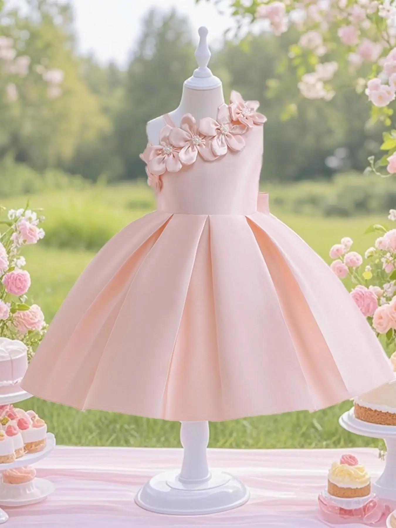 Flower Girl's Bow Flower Decor Asymmetrical Neck Plicated Formal Dress, Elegant Sleeveless Fit & Flare Dress for Party Performance Wedding Guest, Kids