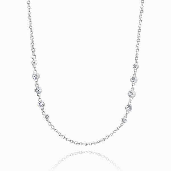 Silver Cable Chain Basic Necklace With CZ Beads 17.7in Adjustable