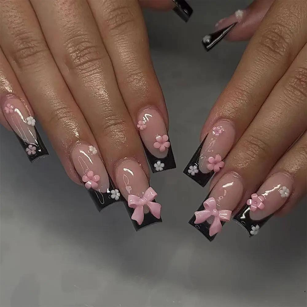 Fashion Press on Nails, 24pcs/set Cute Rabbit & Flower Design Press on Nail, Summer Gift, Fall Gift, Nail Transitions, Christmas, Christmas Gift