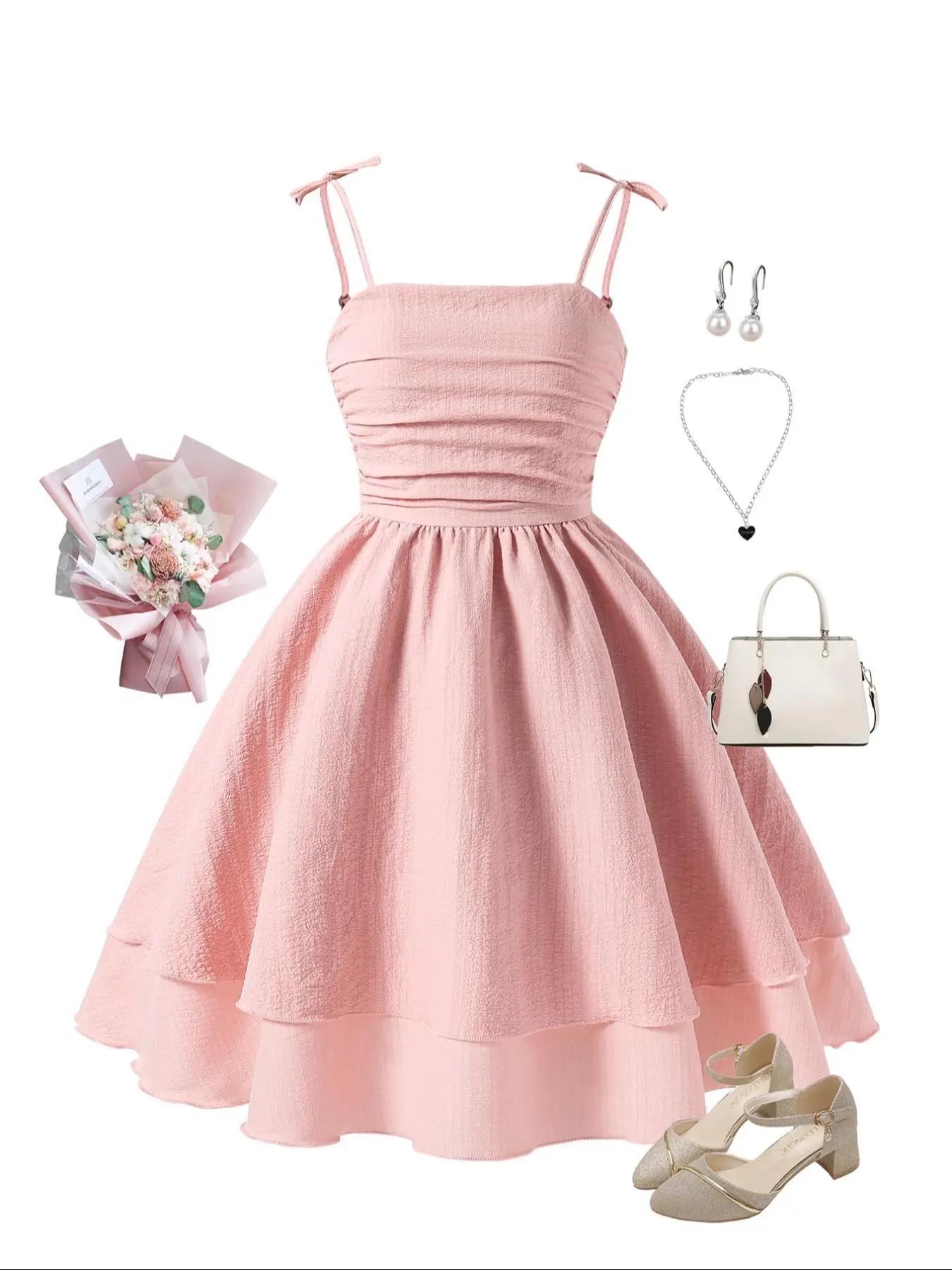 Girl's Solid Color Tie Shoulder Cami Dress, Cute Fashion Casual Sleeveless Short Dress for Party Holiday Wedding Guest, Kids Summer Clothes