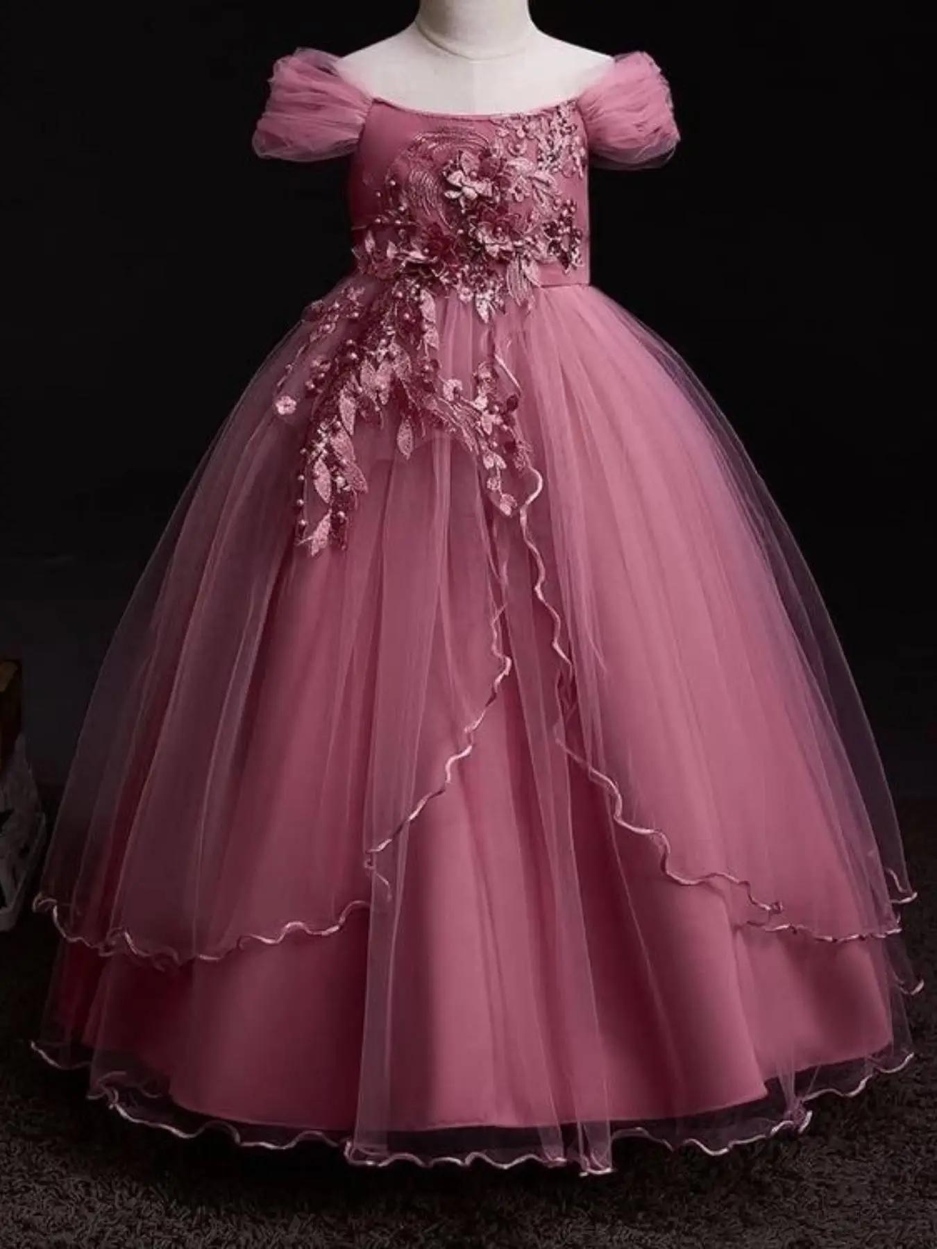 Girl's Floral Embroidery Big Bow Decor Tulle Dress, Summer Clothes, Dresses Summer, Elegant Cap Sleeve Square Neck Long Dress for Party Wedding Guest