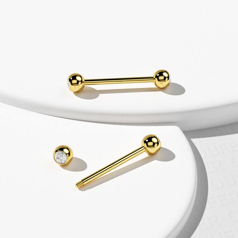 14K Gold CZ Ball Nipple Ring - 16mm