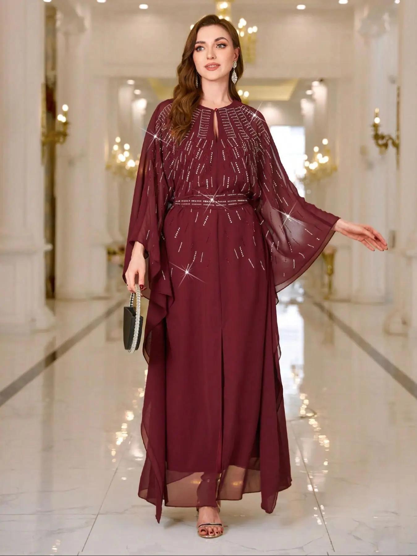 women's Rhinestone Decor Belted Dress, Elegant Long Sleeve Dress for Party Wedding Guest, Ladies Spring & Fall Islamic Clothing